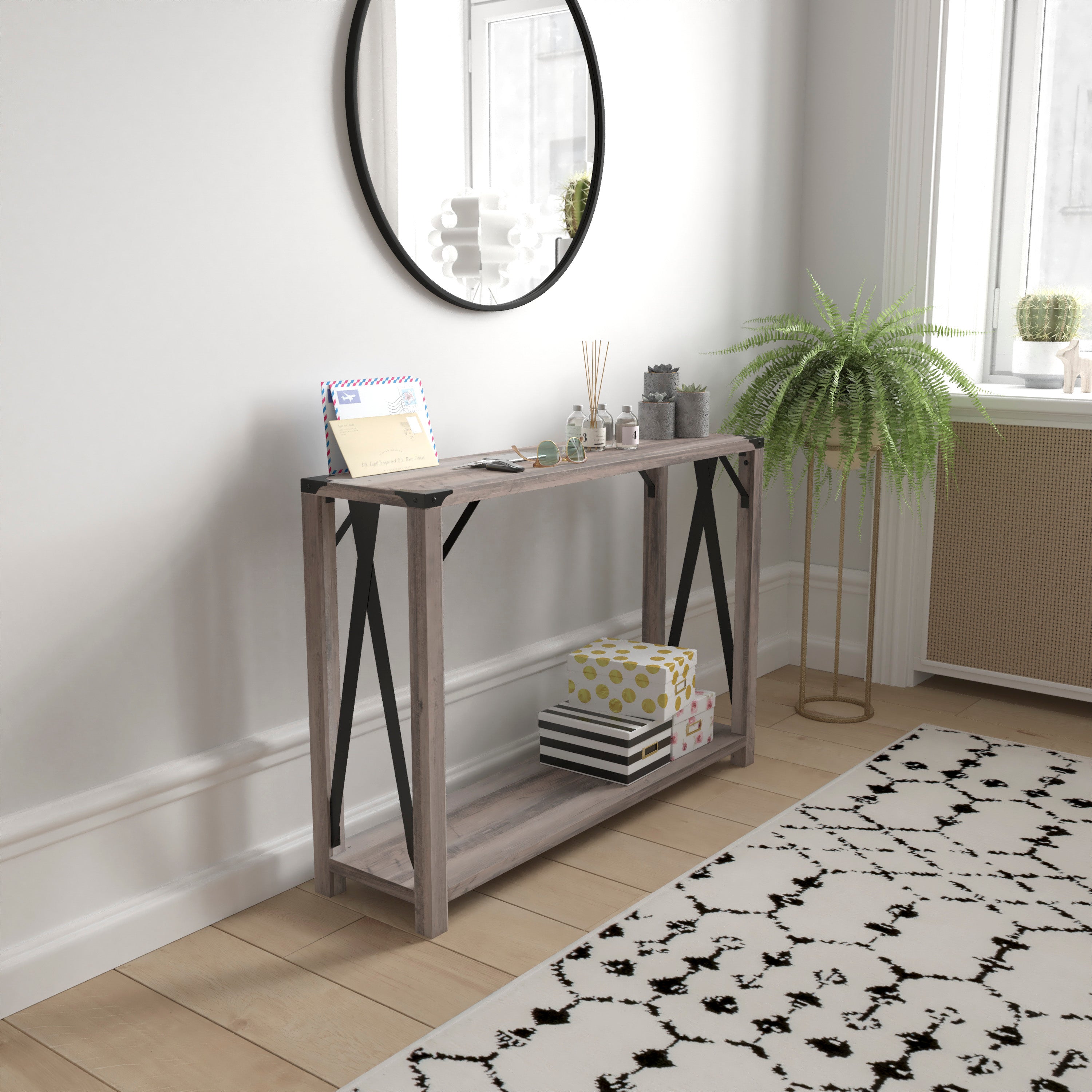 Wyatt Modern Farmhouse Wooden 2 Tier Console Entry Table with Metal Corner Accents and Cross Bracing