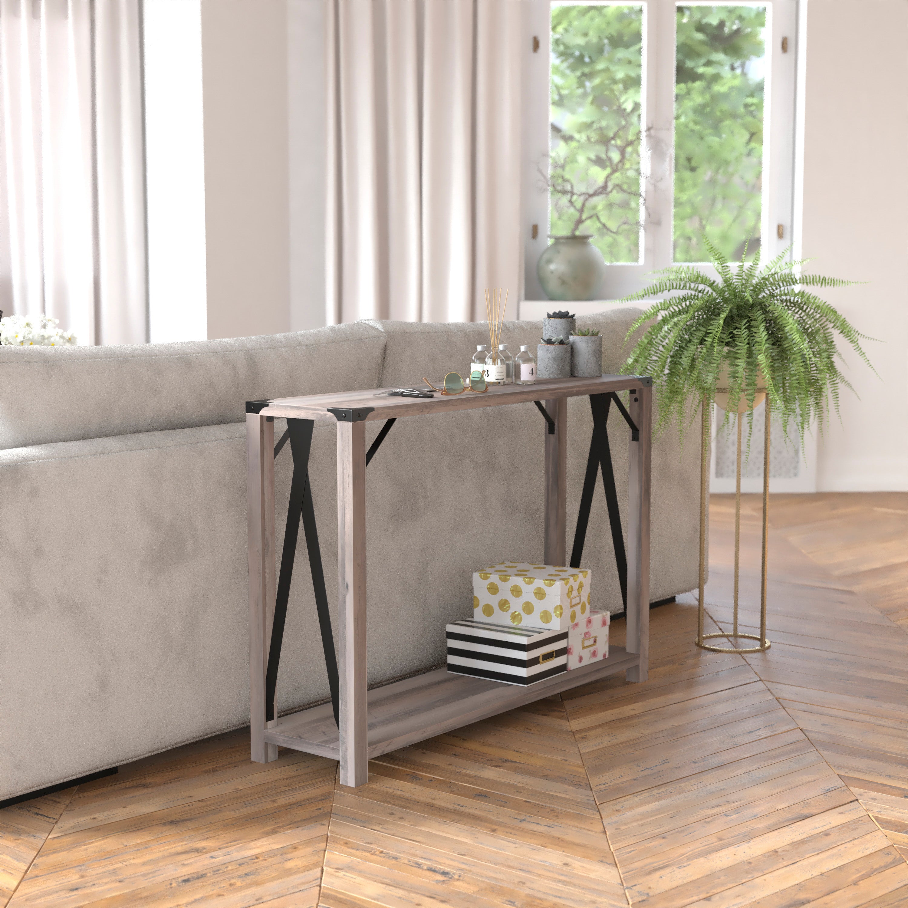 Wyatt Modern Farmhouse Wooden 2 Tier Console Entry Table with Metal Corner Accents and Cross Bracing