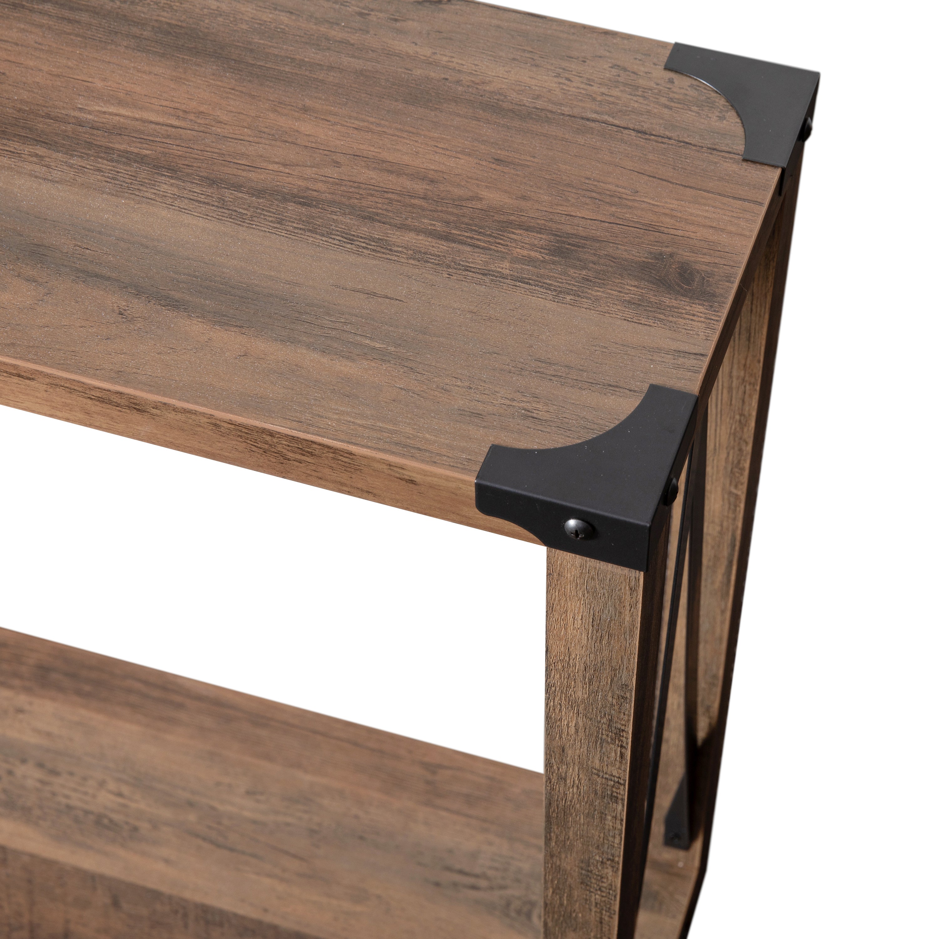 Wyatt Modern Farmhouse Wooden 2 Tier Console Entry Table with Metal Corner Accents and Cross Bracing