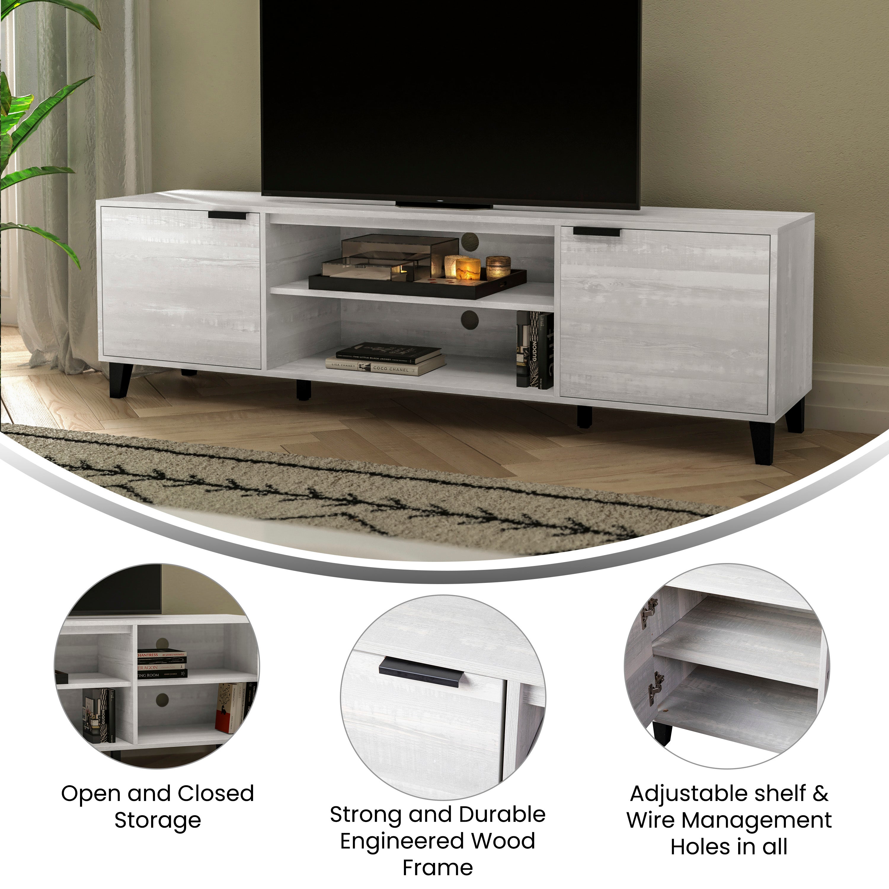 Nelson 70" Mid Century Modern TV Stand for up to 60" TV's with Adjustable Shelves and Dual Storage Compartments