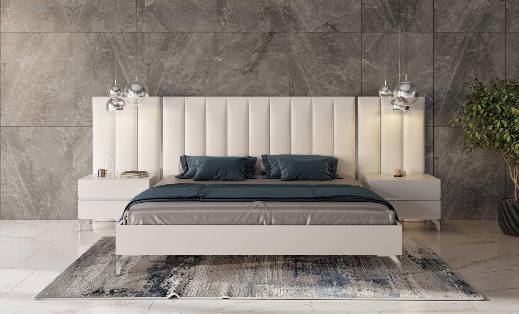 Angela Italian Modern Eco Leather Bed w/ Nightstands and Wings