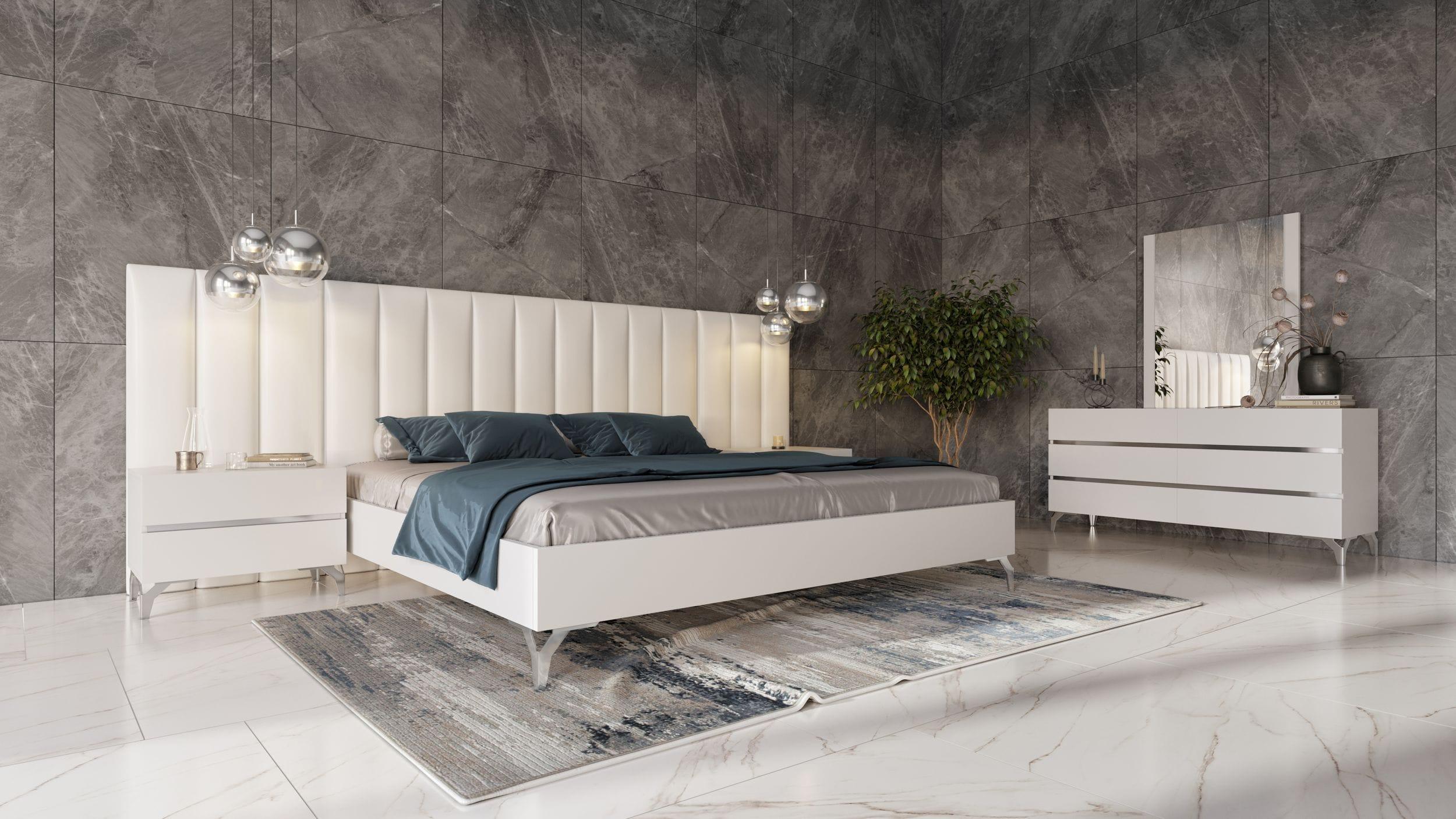 Angela Italian Modern Eco Leather Bed w/ Nightstands and Wings