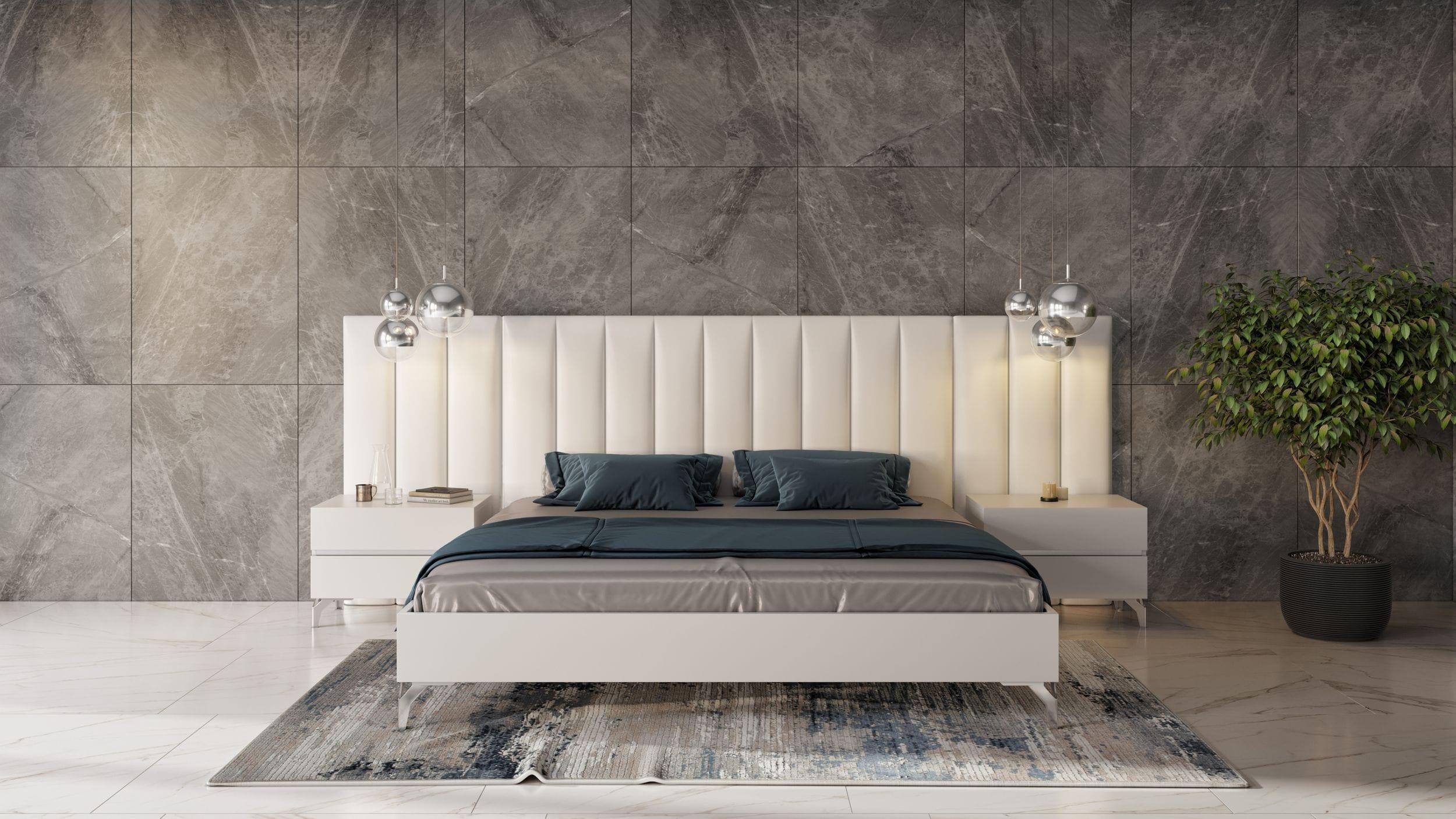 Angela Italian Modern Eco Leather Bed w/ Nightstands and Wings