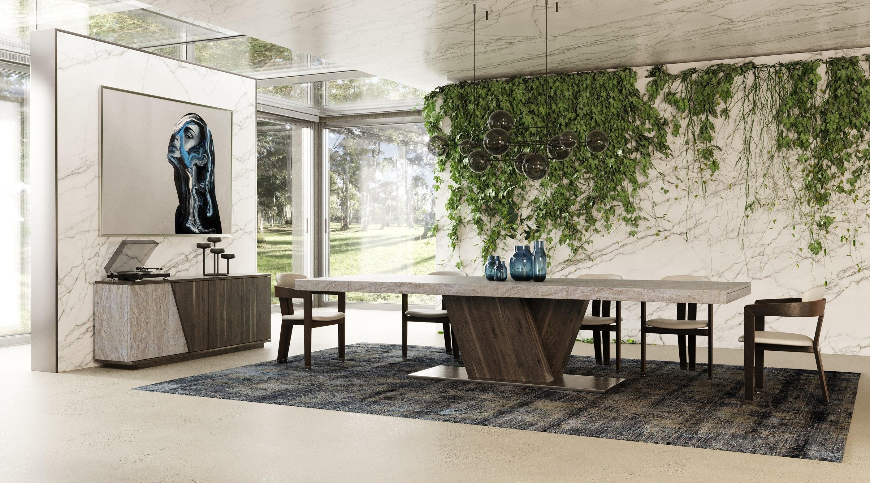Cairo Italian Modern Faux Marble & Pecan Elm Extendable Dining Table