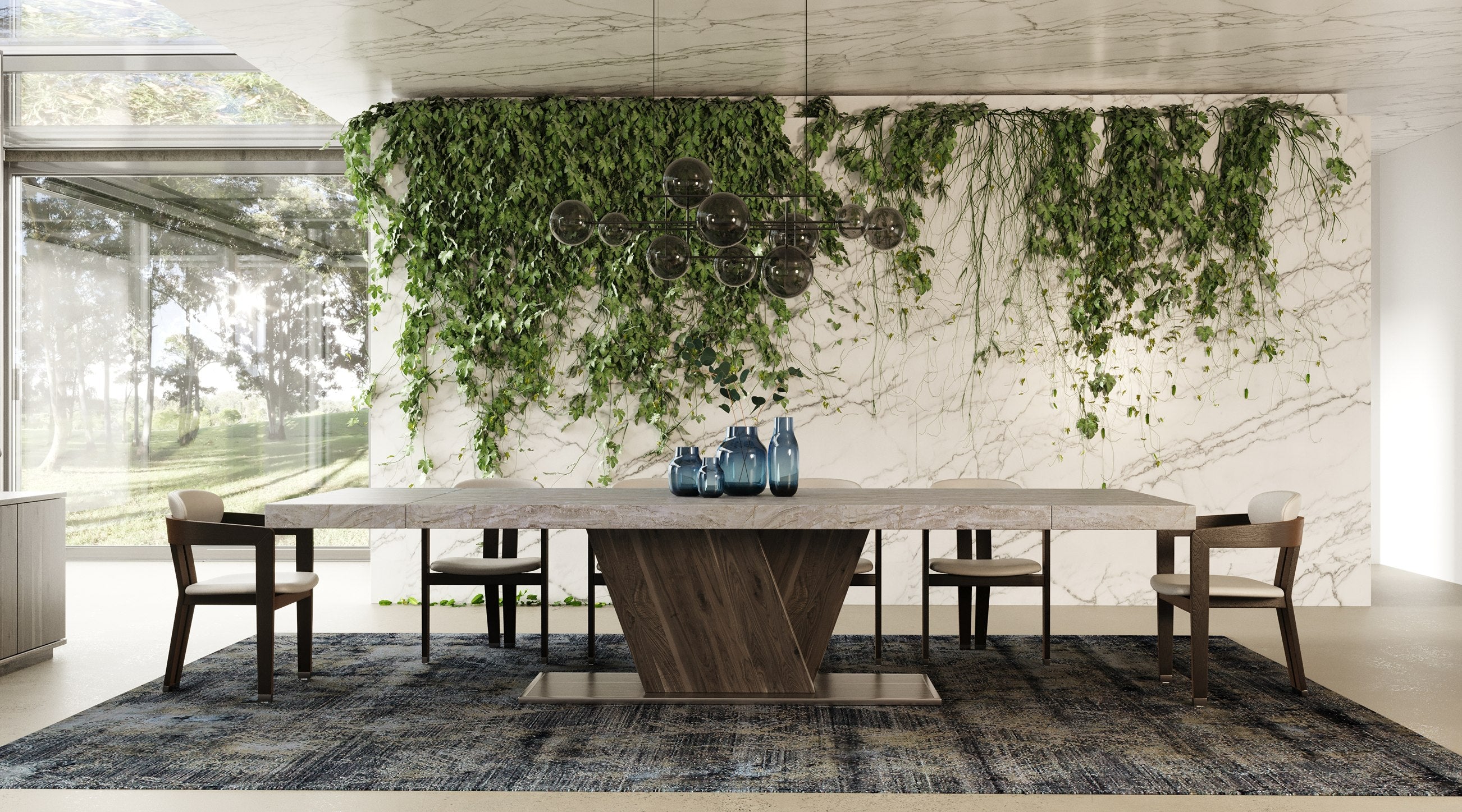 Cairo Italian Modern Faux Marble & Pecan Elm Extendable Dining Table
