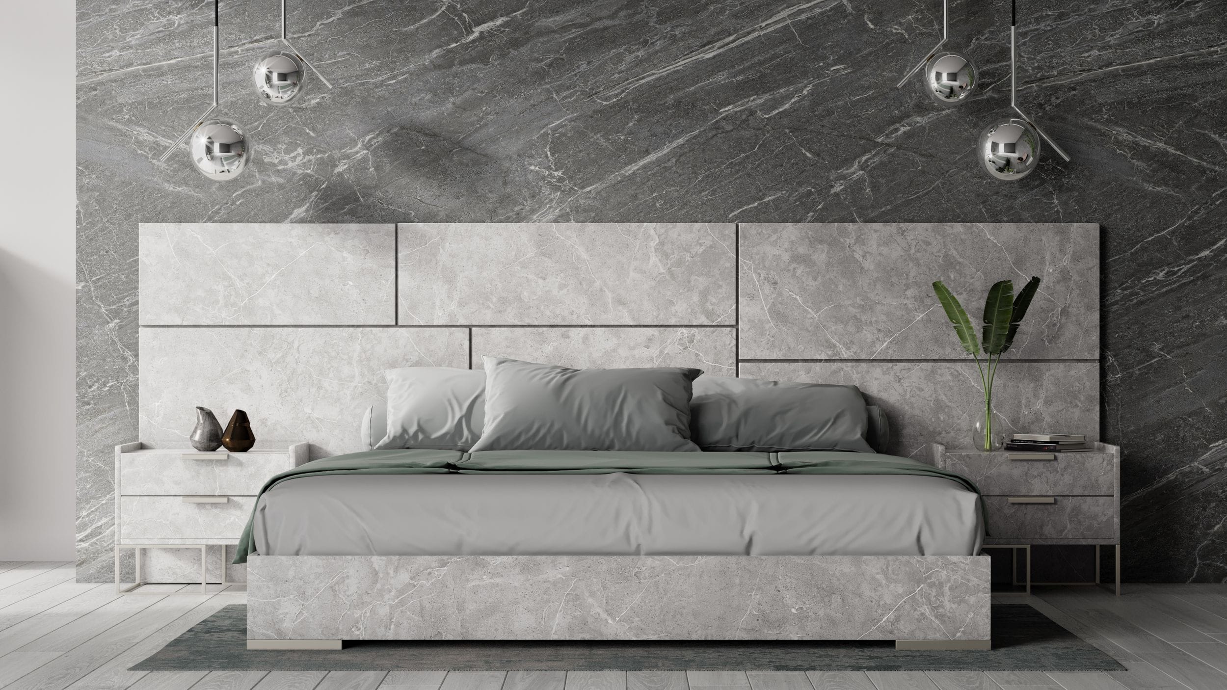 Marbella Italian Modern Marble Bed w/ 2 Nightstands