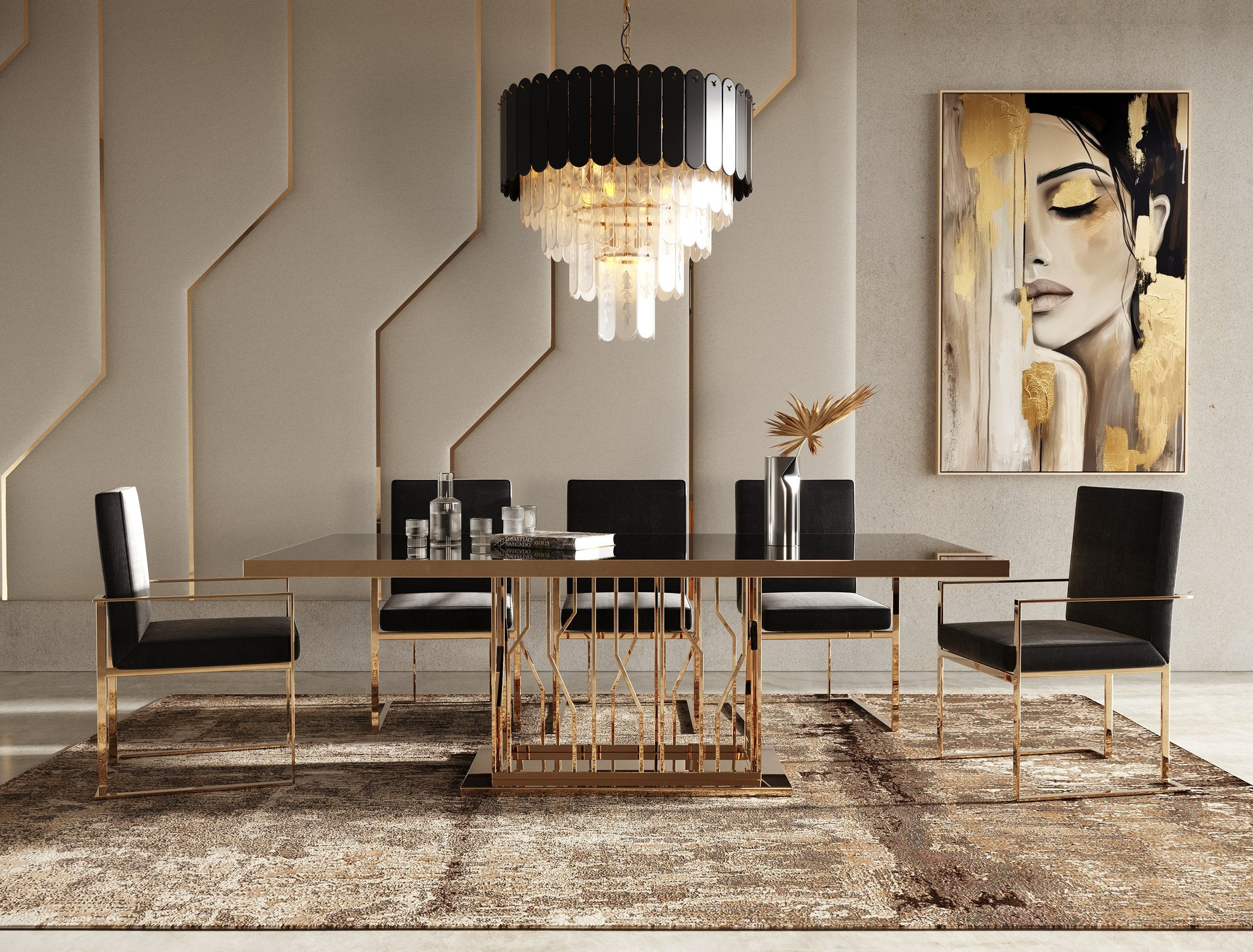 Marston Modern Glass and Rosegold Dining Table