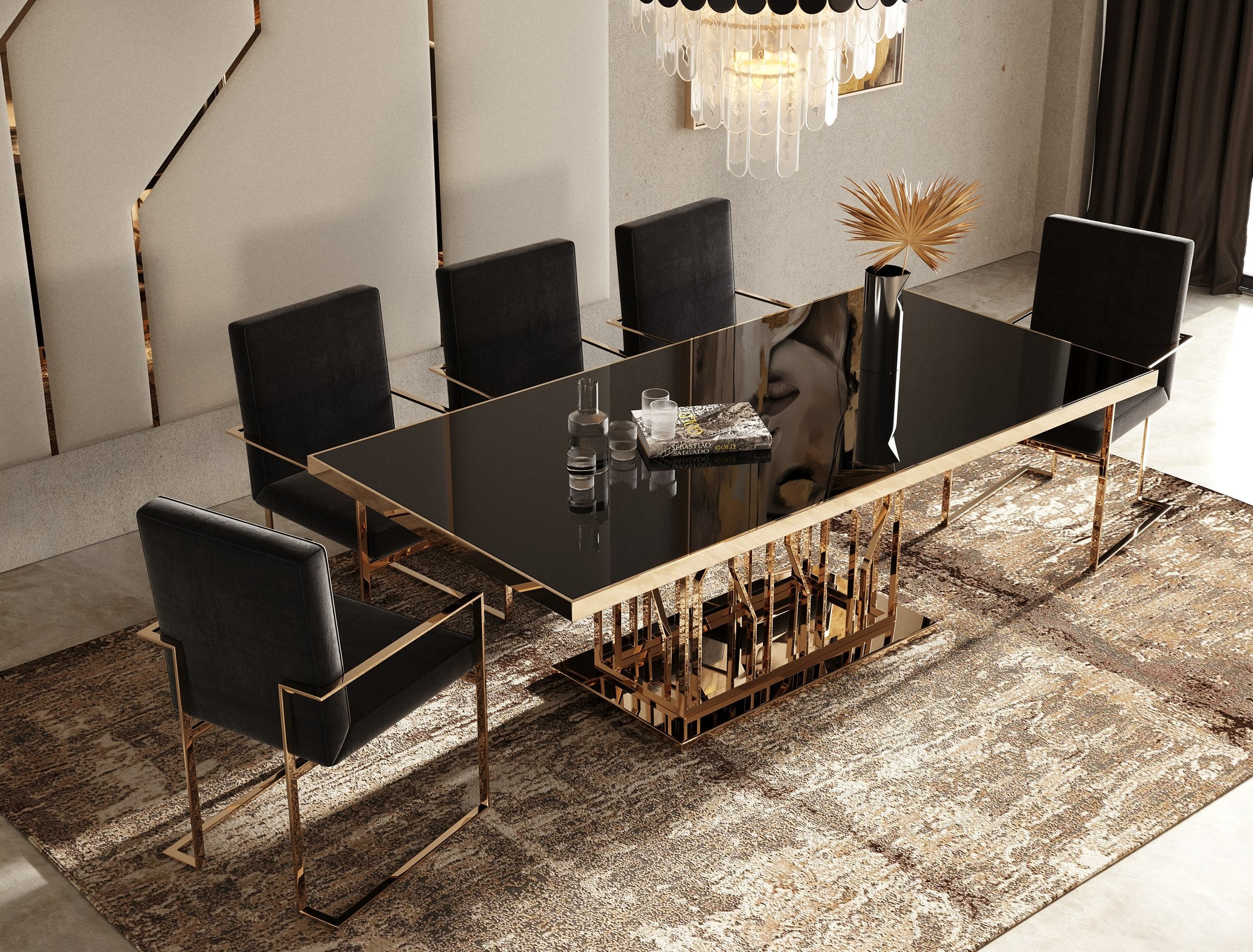Marston Modern Glass and Rosegold Dining Table