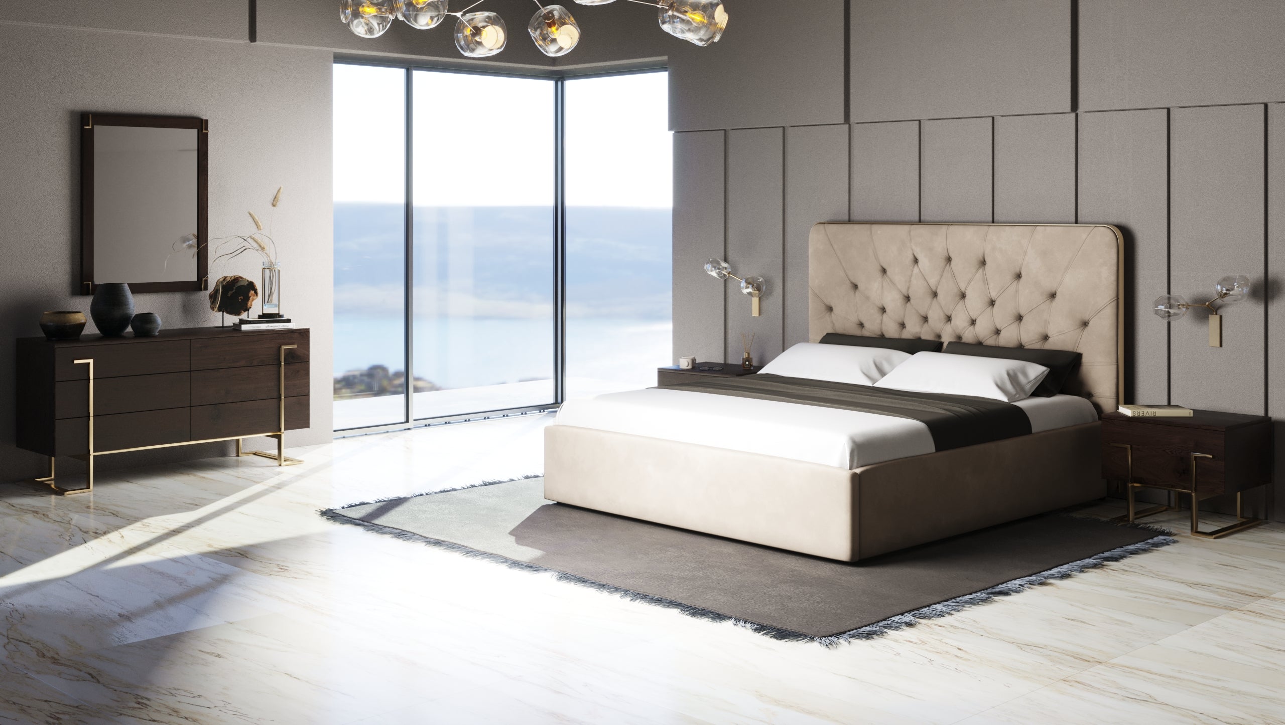 Modrest Moontide - Glam Beige Velvet and Brushed Brass Bedroom Set-Bed-VIG-Wall2Wall Furnishings