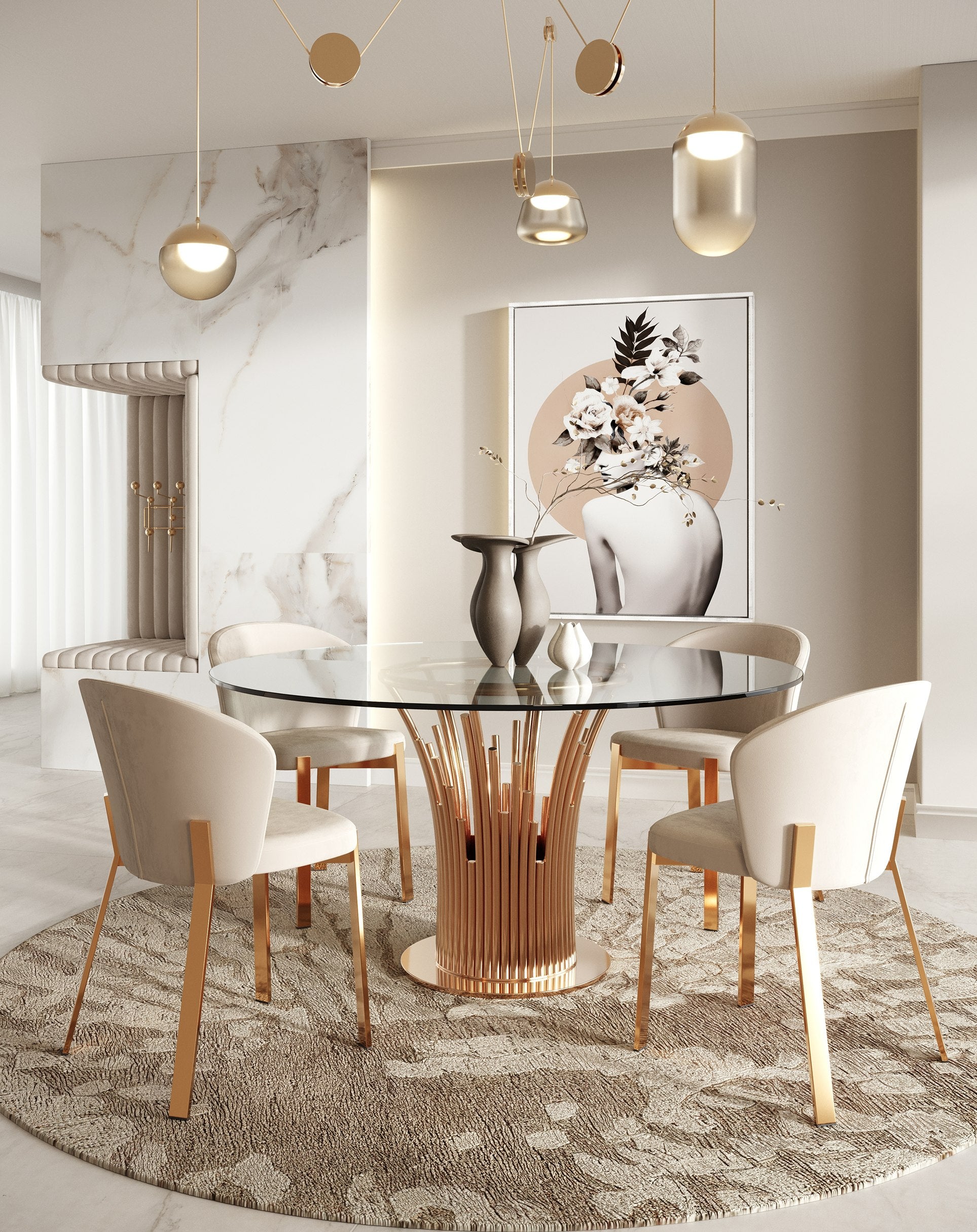 Paxton Modern Round Glass and Rosegold Dining Table