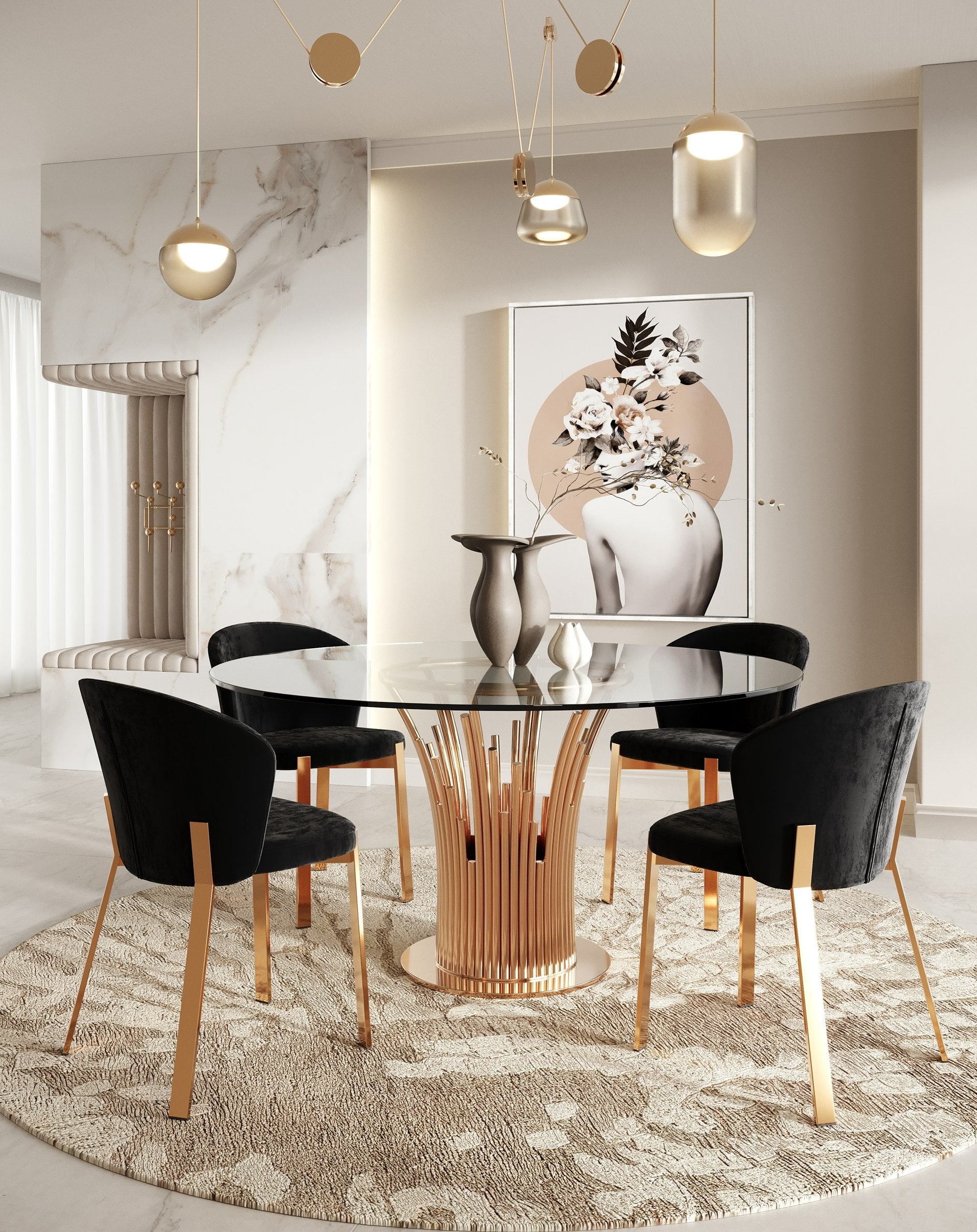Paxton Modern Round Glass and Rosegold Dining Table