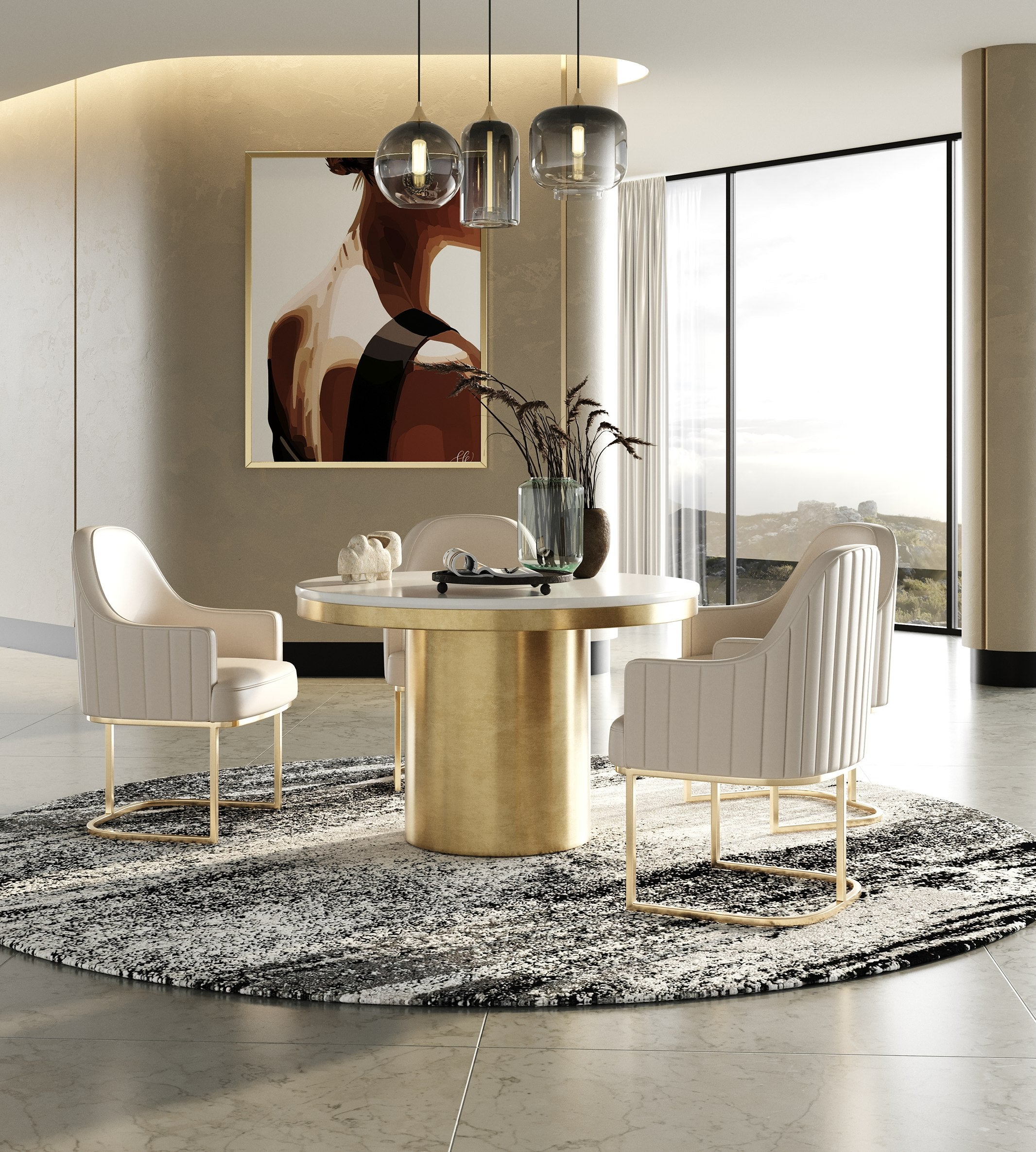 Rocky Glam Marble & Brush Round Dining Table