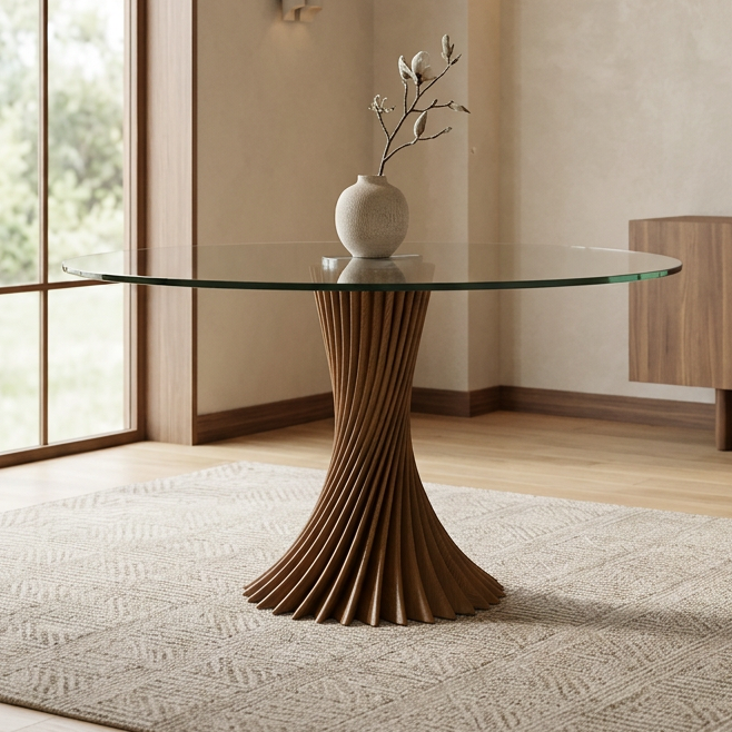 Ocasio Modern Glass and Walnut Round Dining Table