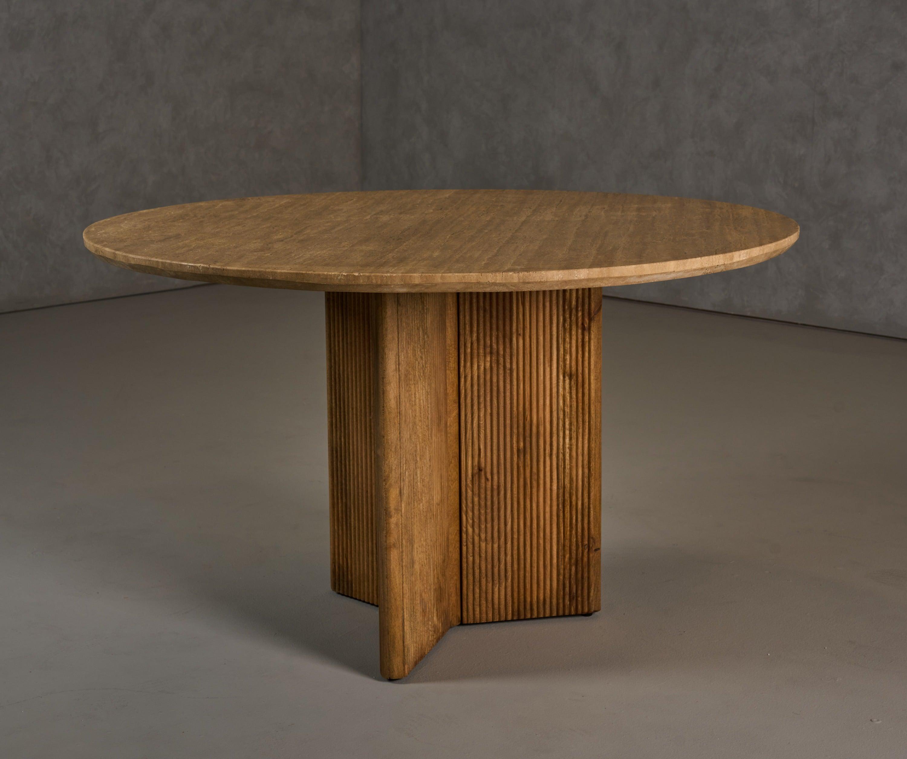 Pawnee Modern Travertine Marble and Wood Round Dining Table