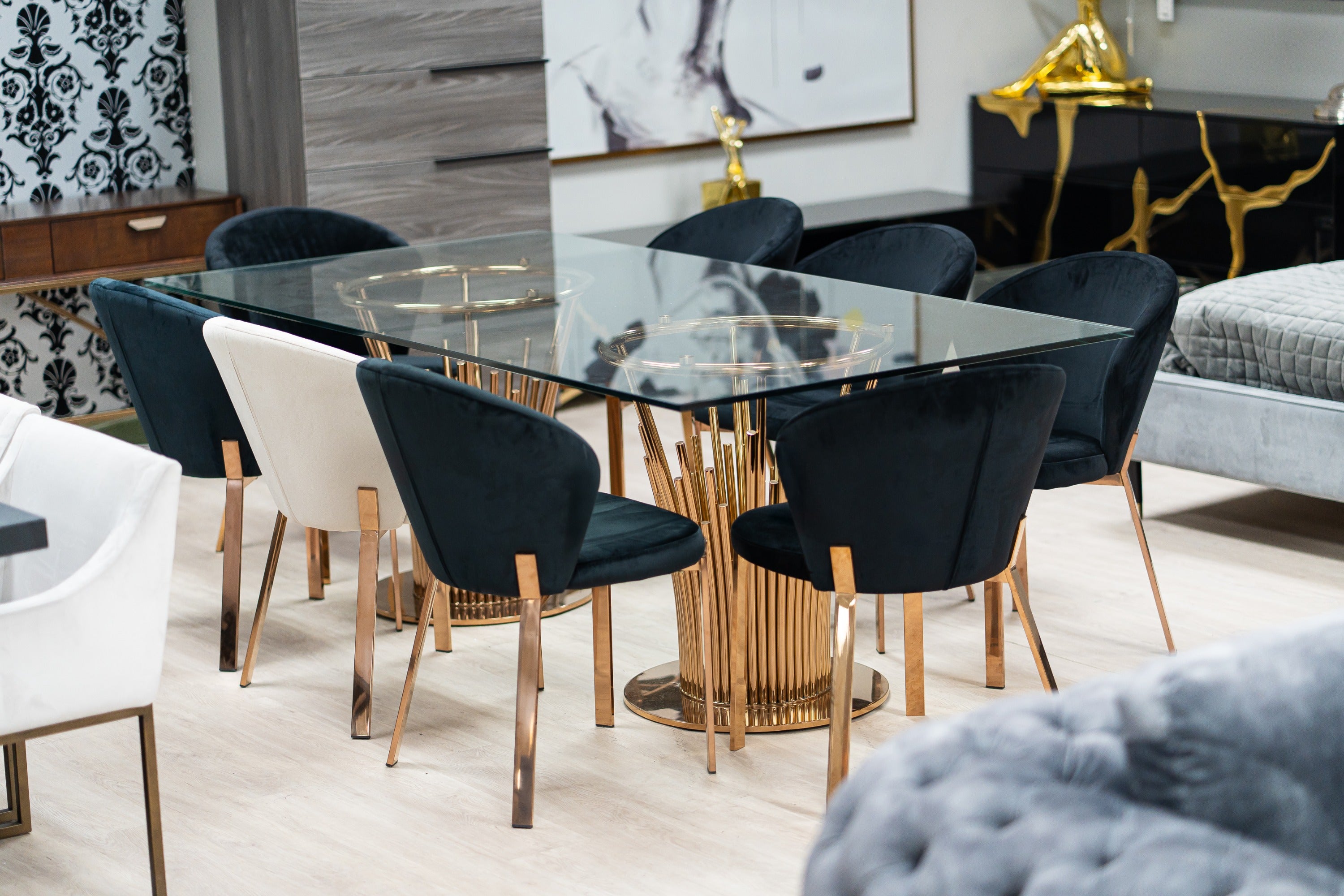 Paxton Modern Glass and Rosegold Dining Table