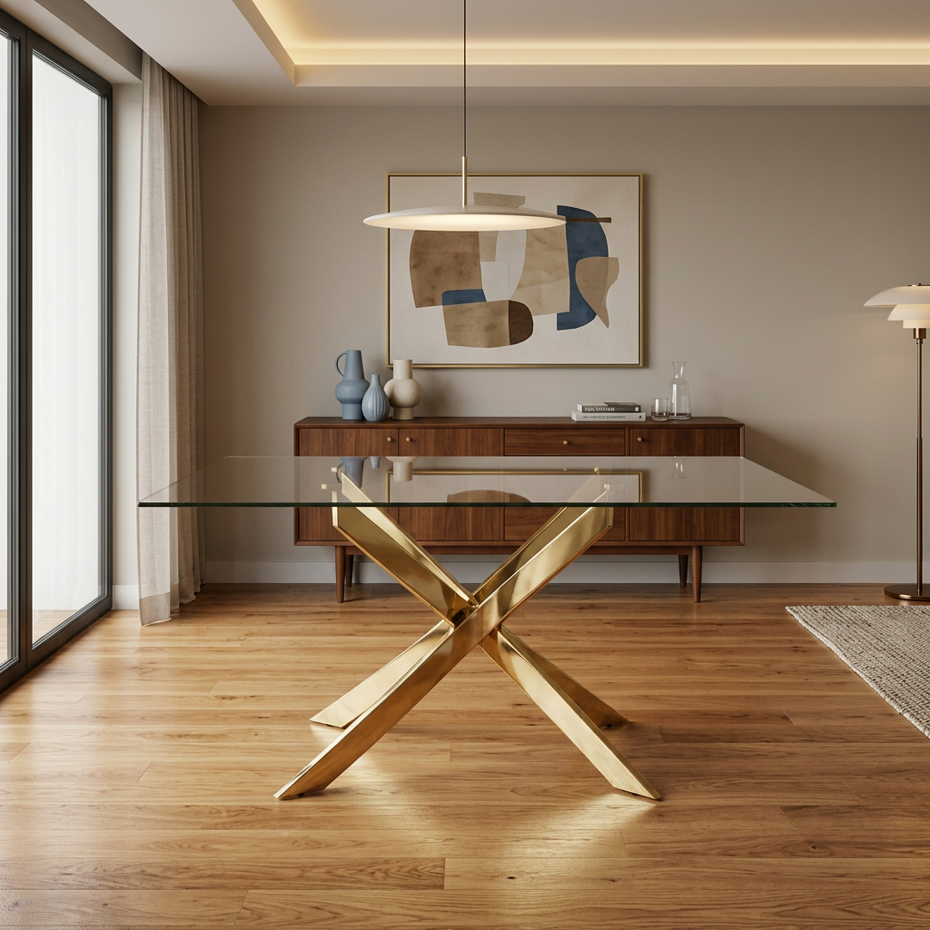 Pyrite Modern Glass and Gold Dining Table