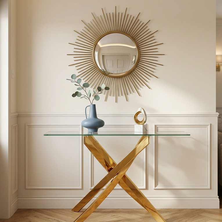 Pyrite Modern Glass and Gold Console Table