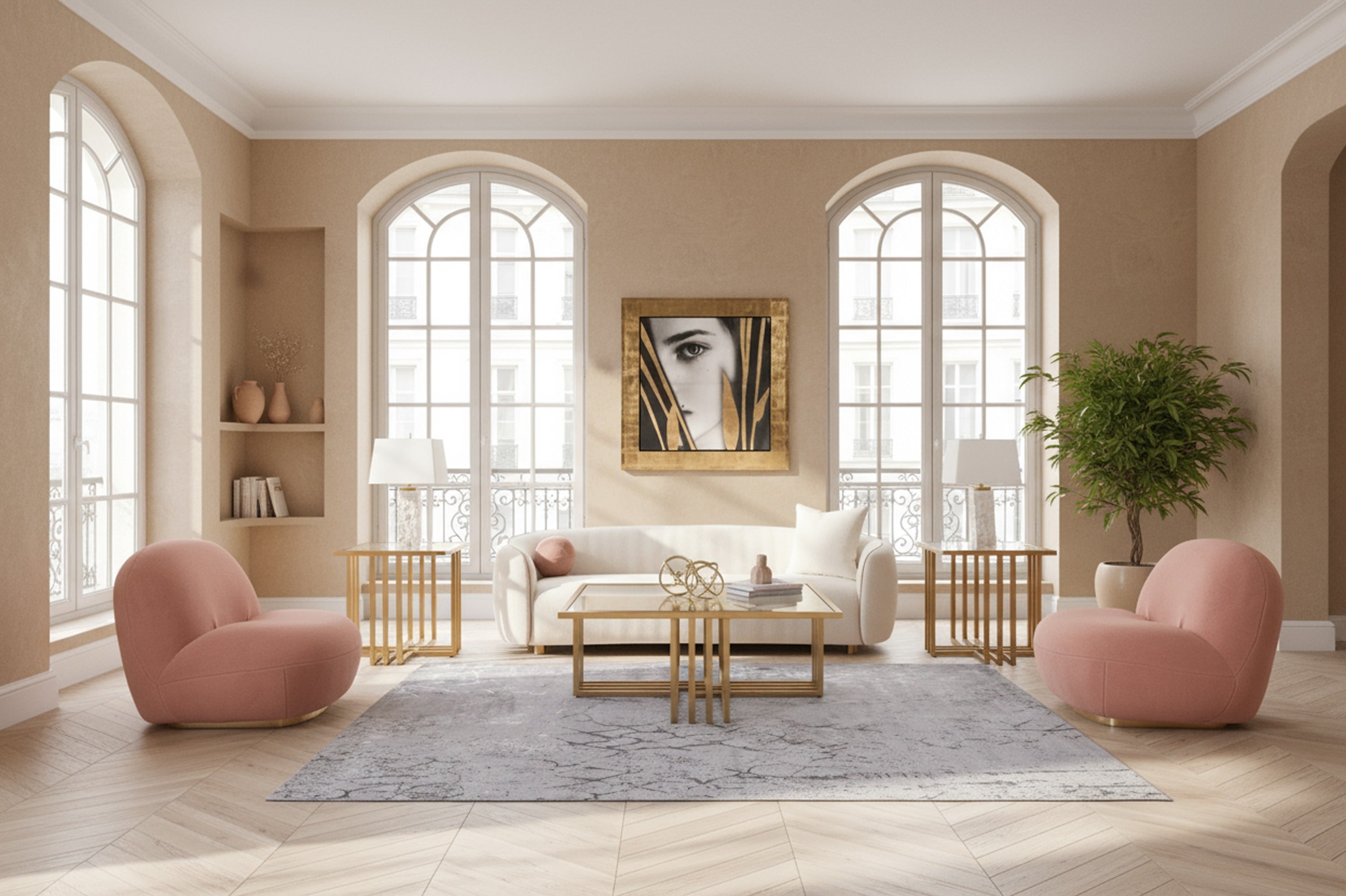 Winfree Modern Off and Coral Fabric 3-Seater Sofa