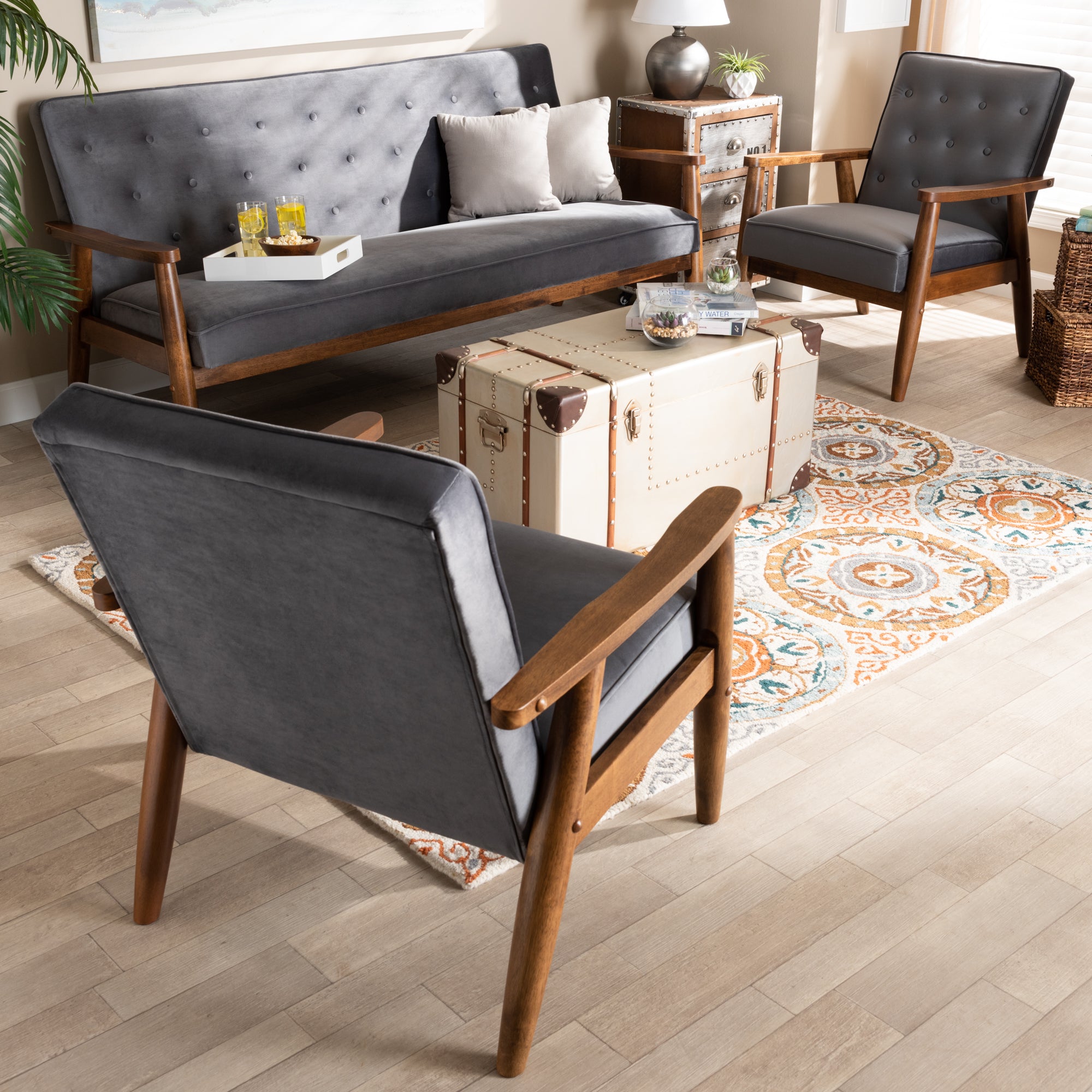 Sorrento Mid-Century Sofa & Chairs-Sofa Set-Baxton Studio - WI-Wall2Wall Furnishings