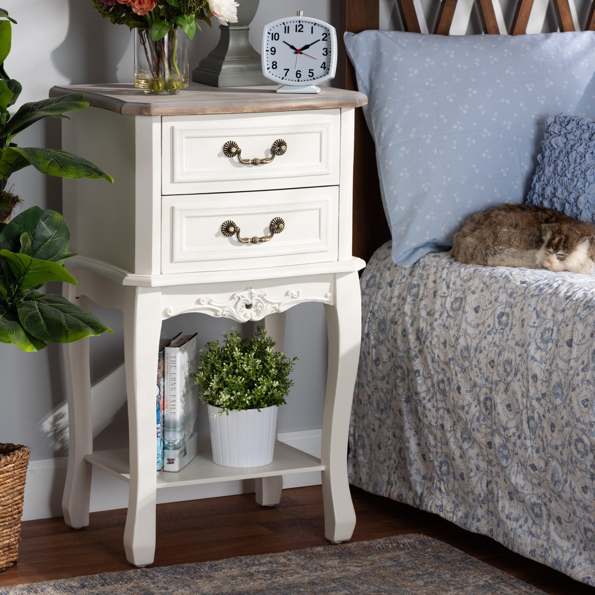 Amalie Antique French Country Cottage Two-Tone and Finished 2-Drawer Wood End Table