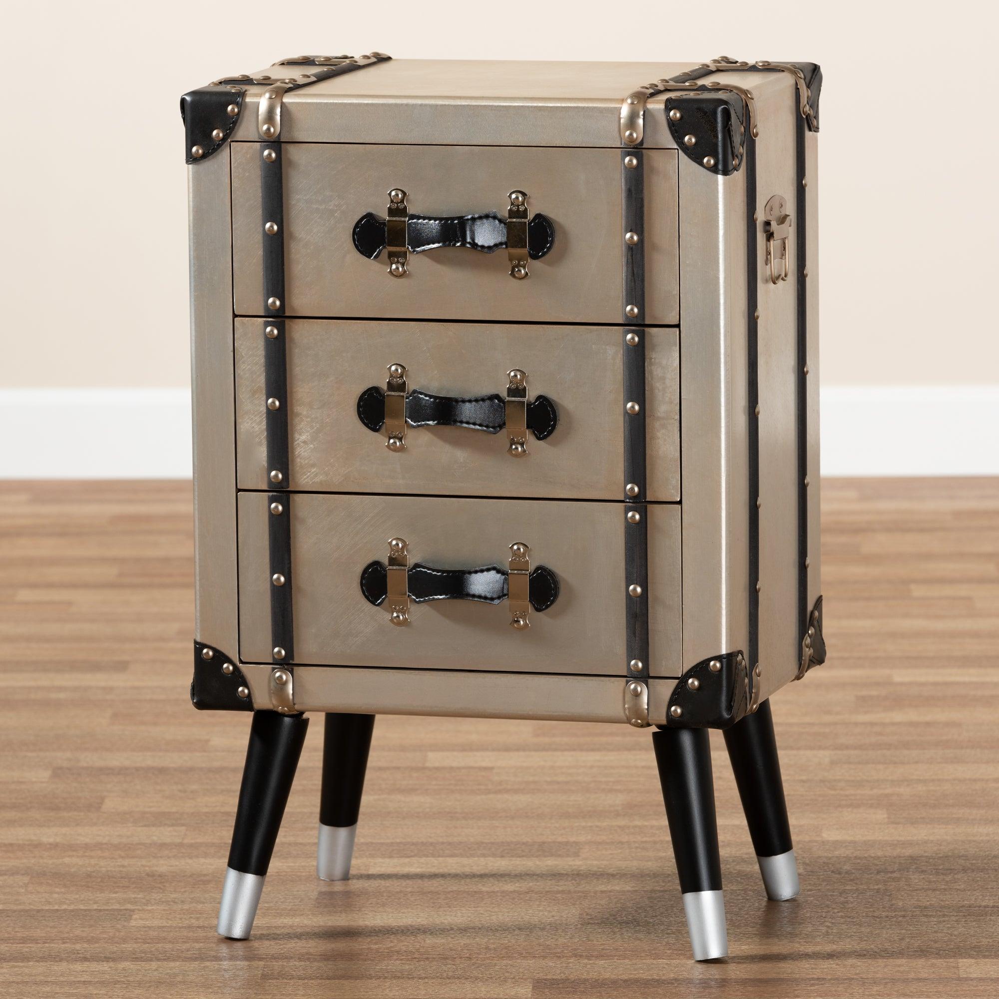 Dilan Vintage Industrial Antique Finished Metal Trunk Inspired 3-Drawer End Table
