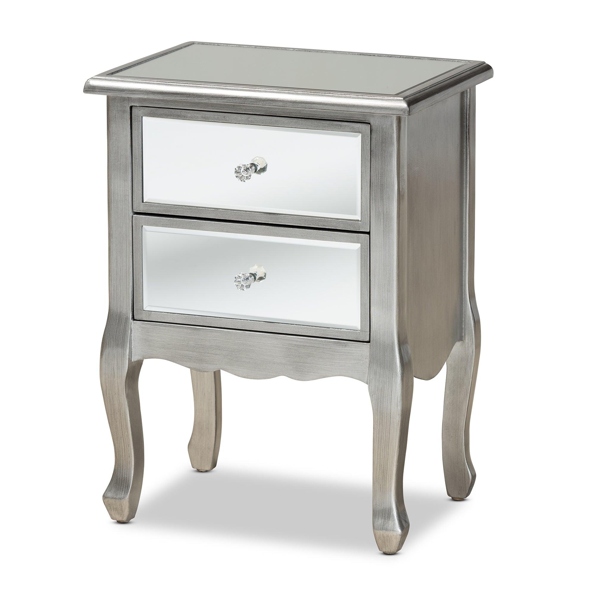 Leonie Modern Transitional French Brushed Finished Wood and Mirrored Glass 2-Drawer End Table