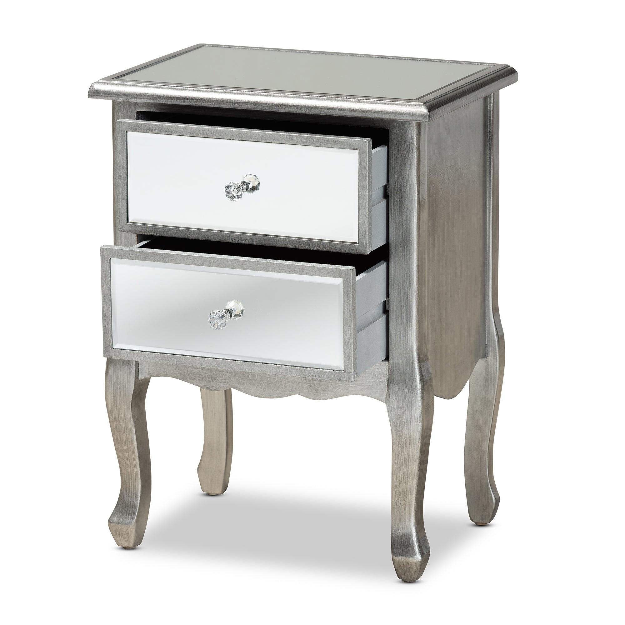 Leonie Modern Transitional French Brushed Finished Wood and Mirrored Glass 2-Drawer End Table