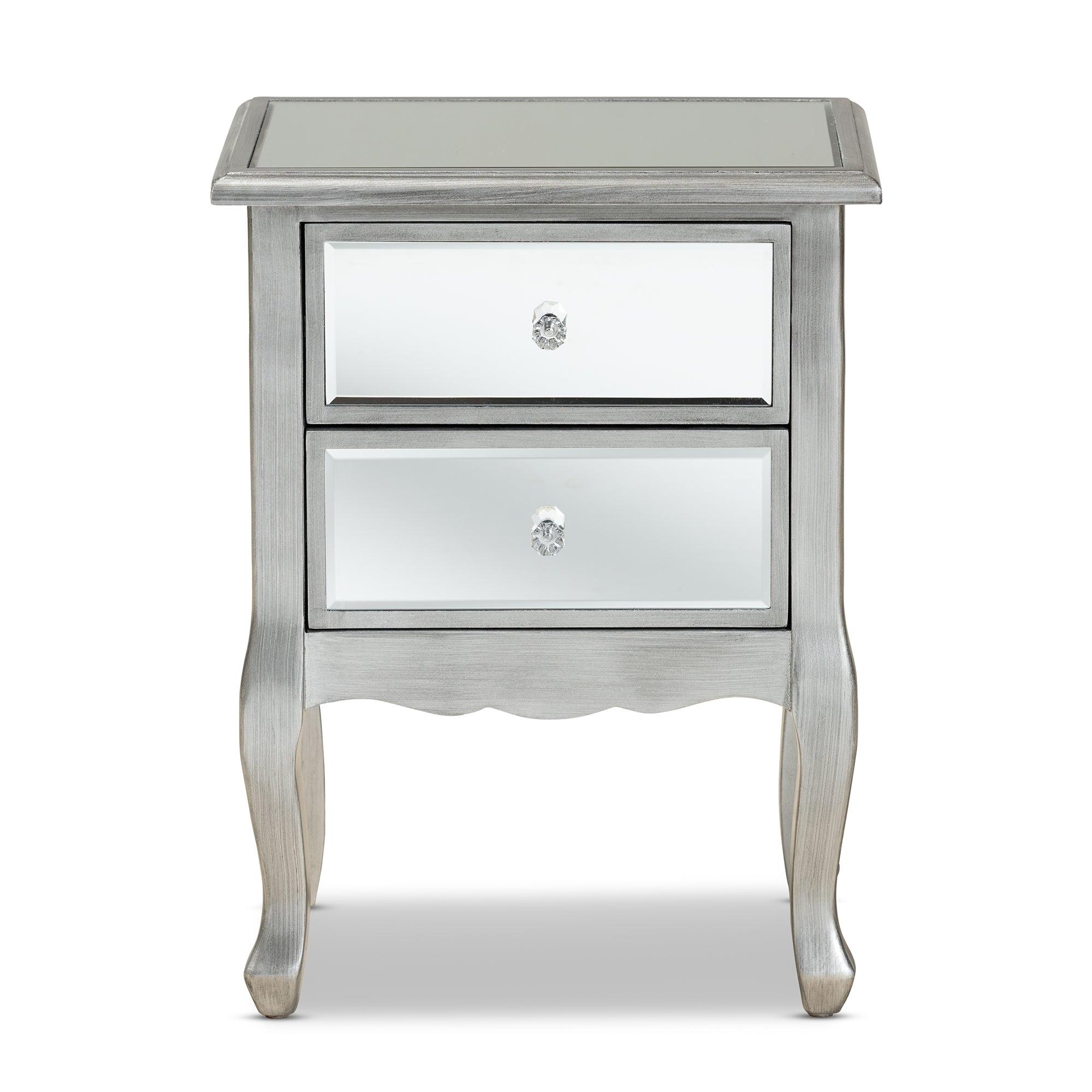 Leonie Modern Transitional French Brushed Finished Wood and Mirrored Glass 2-Drawer End Table