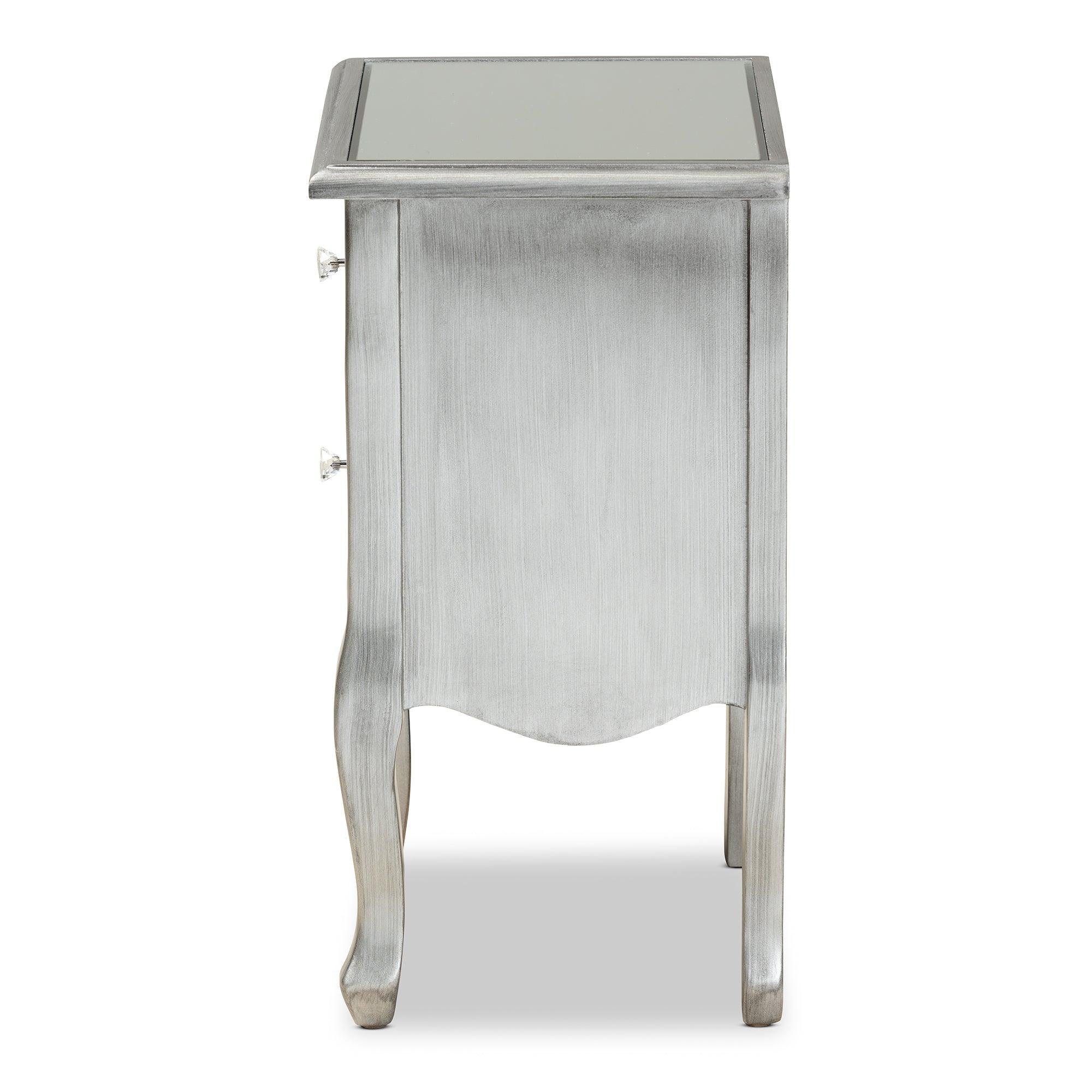 Leonie Modern Transitional French Brushed Finished Wood and Mirrored Glass 2-Drawer End Table