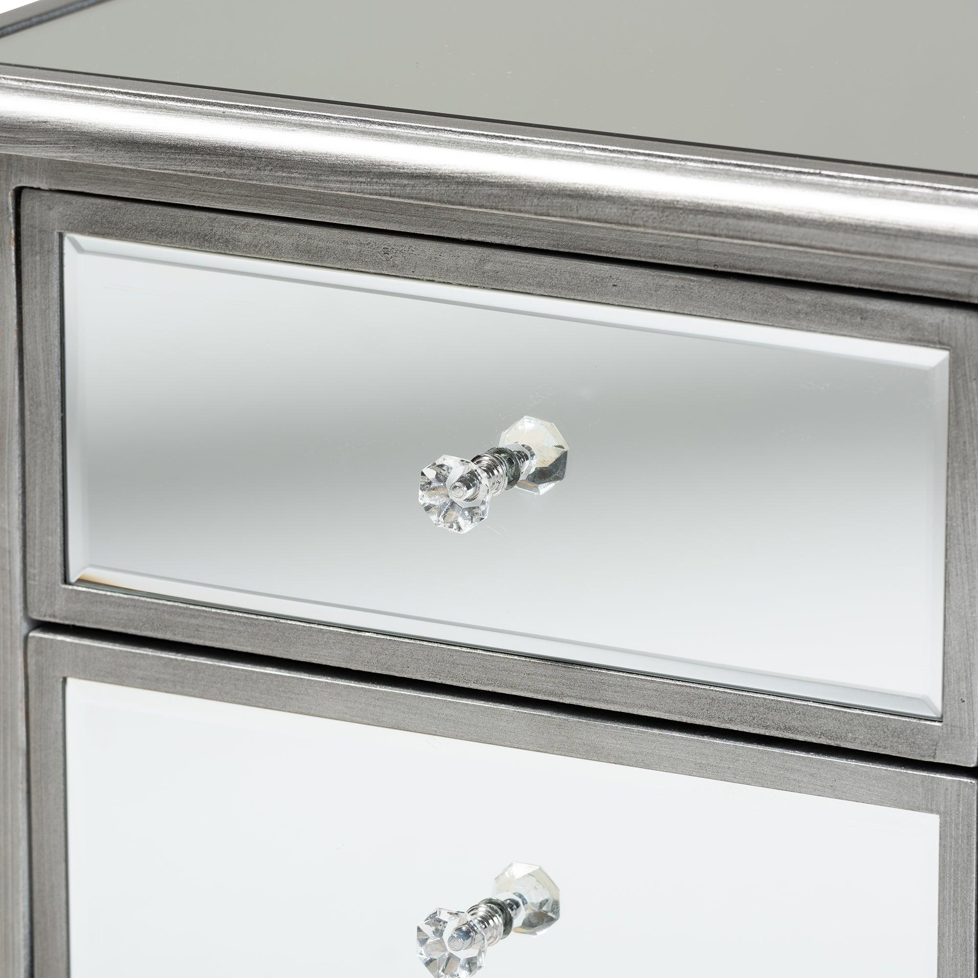 Leonie Modern Transitional French Brushed Finished Wood and Mirrored Glass 2-Drawer End Table
