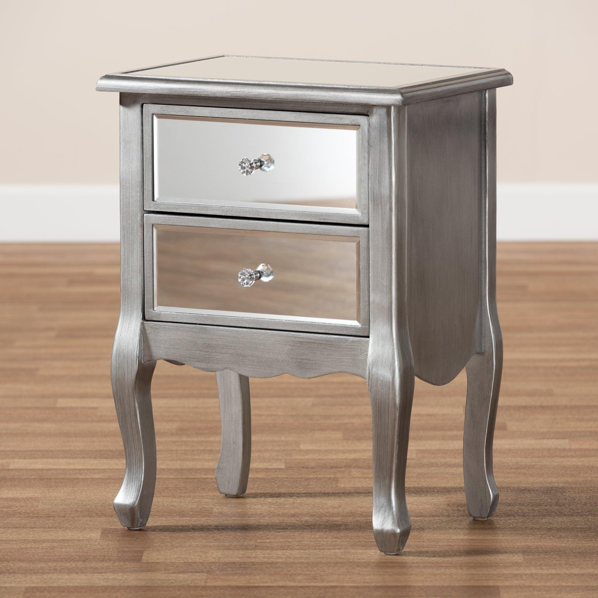 Leonie Modern Transitional French Brushed Finished Wood and Mirrored Glass 2-Drawer End Table