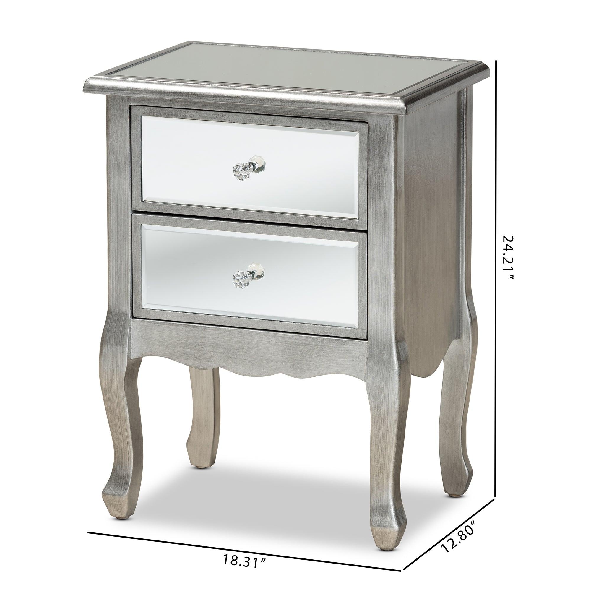 Leonie Modern Transitional French Brushed Finished Wood and Mirrored Glass 2-Drawer End Table