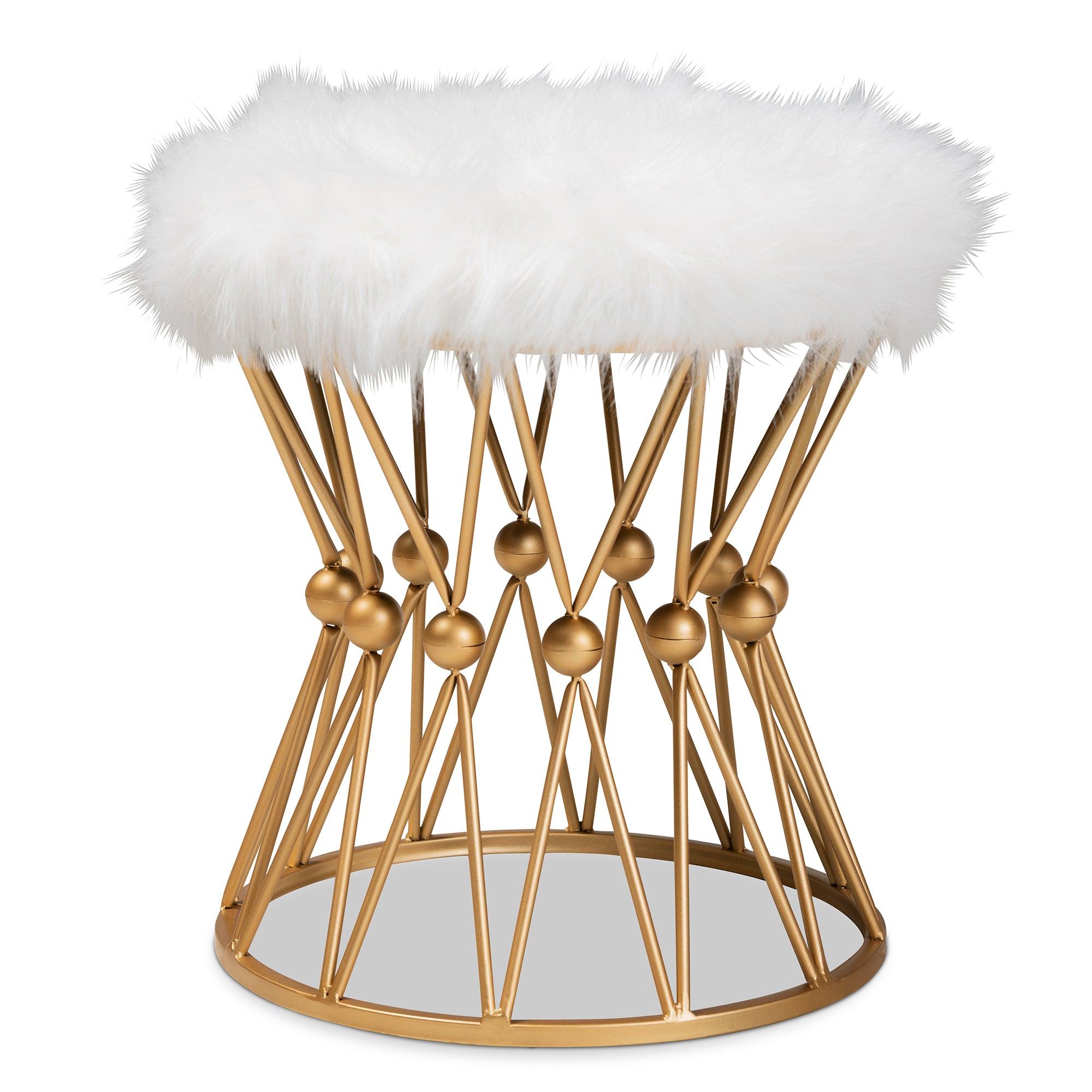Leonie Glam and Luxe Faux Fur Upholstered Finished Metal Ottoman
