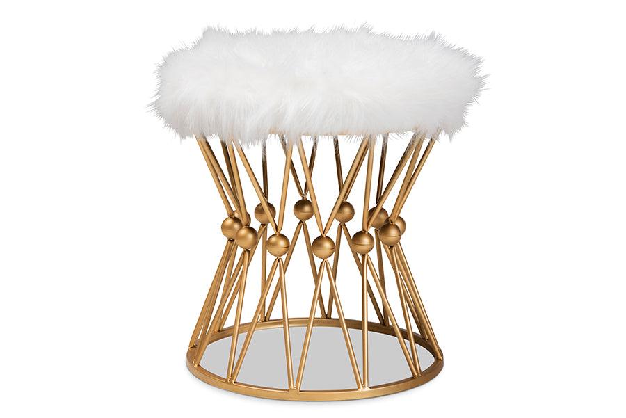 Leonie Glam and Luxe Faux Fur Upholstered Finished Metal Ottoman