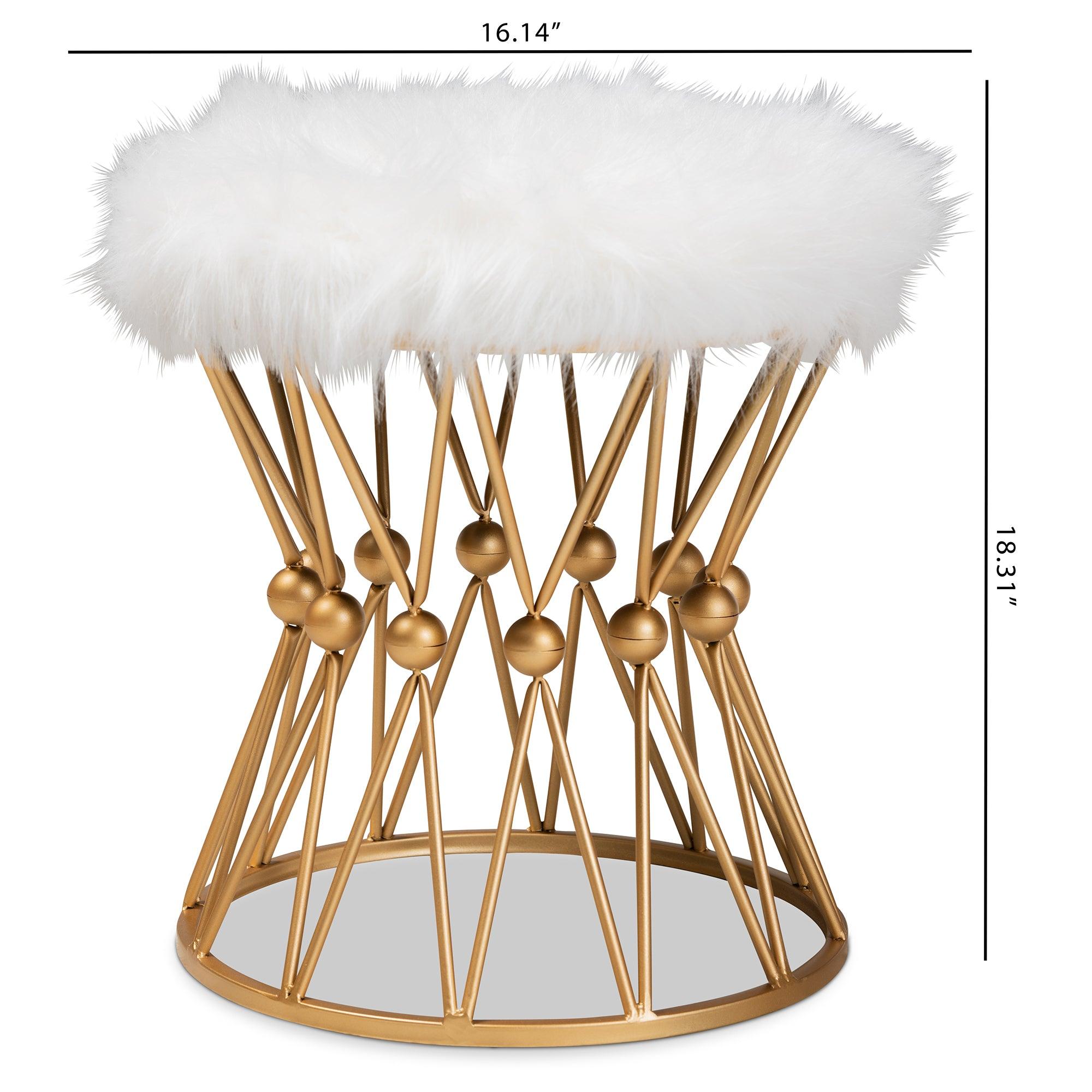 Leonie Glam and Luxe Faux Fur Upholstered Finished Metal Ottoman