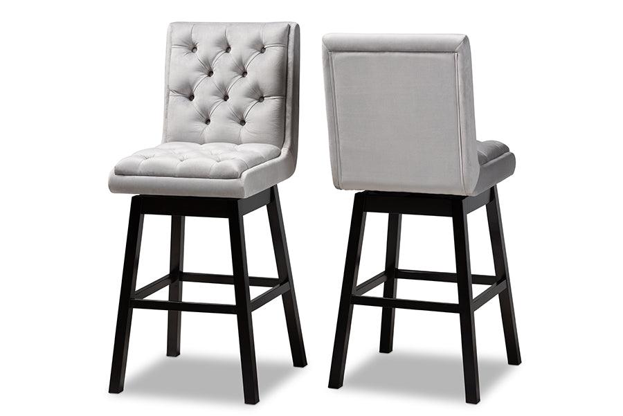 Gregory Modern Transitional Light Velvet Fabric Upholstered and Finished Wood 2-Piece Swivel Bar Stool Set Set