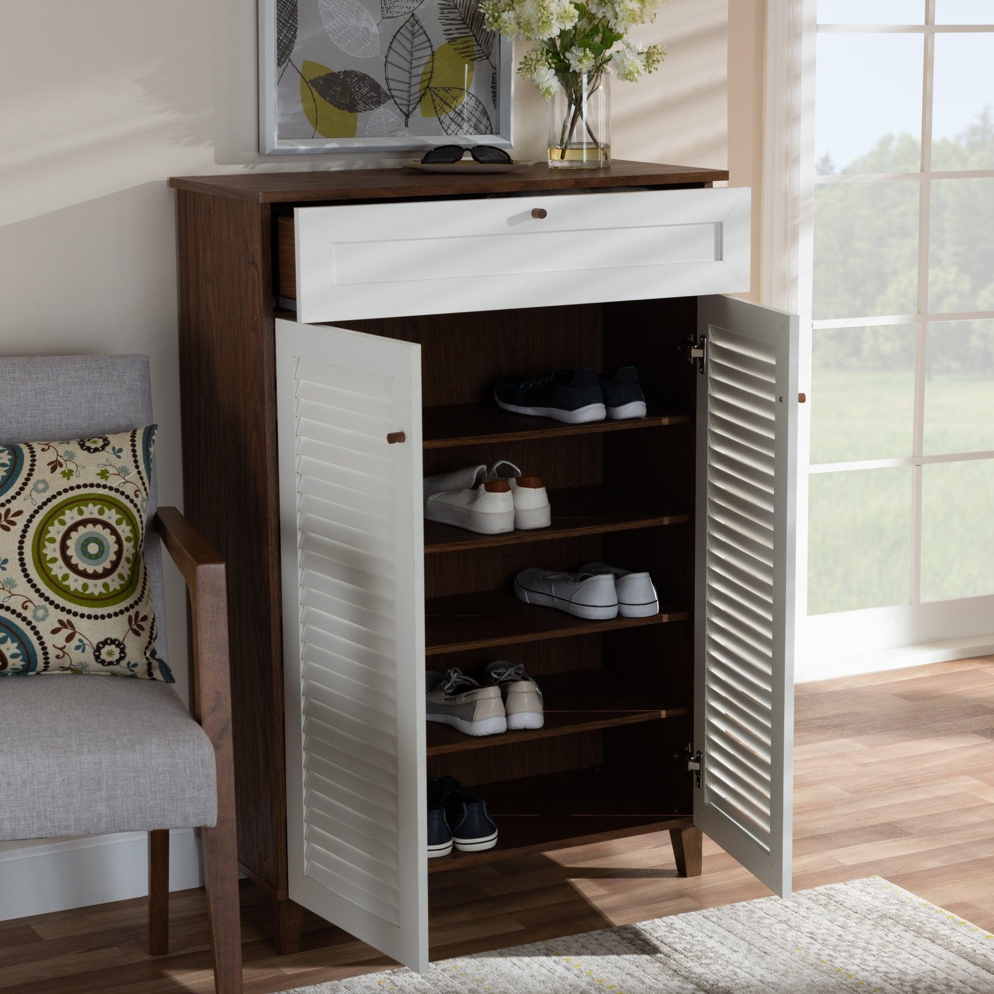 Coolidge Modern and Contemporary and Finished 5-Shelf Wood Shoe Storage Cabinet with Drawer
