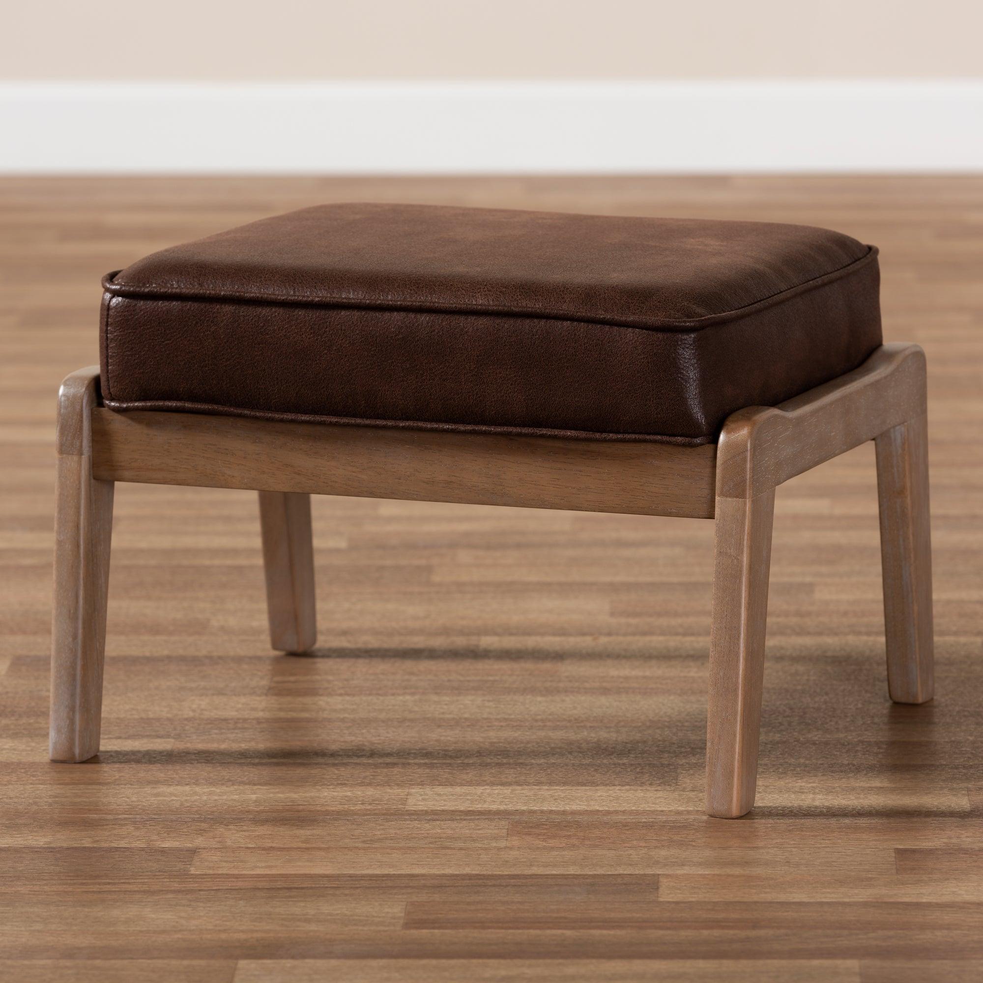 Sigrid Mid-Century Modern Faux Leather Effect Fabric Upholstered Antique Finished Wood Ottoman