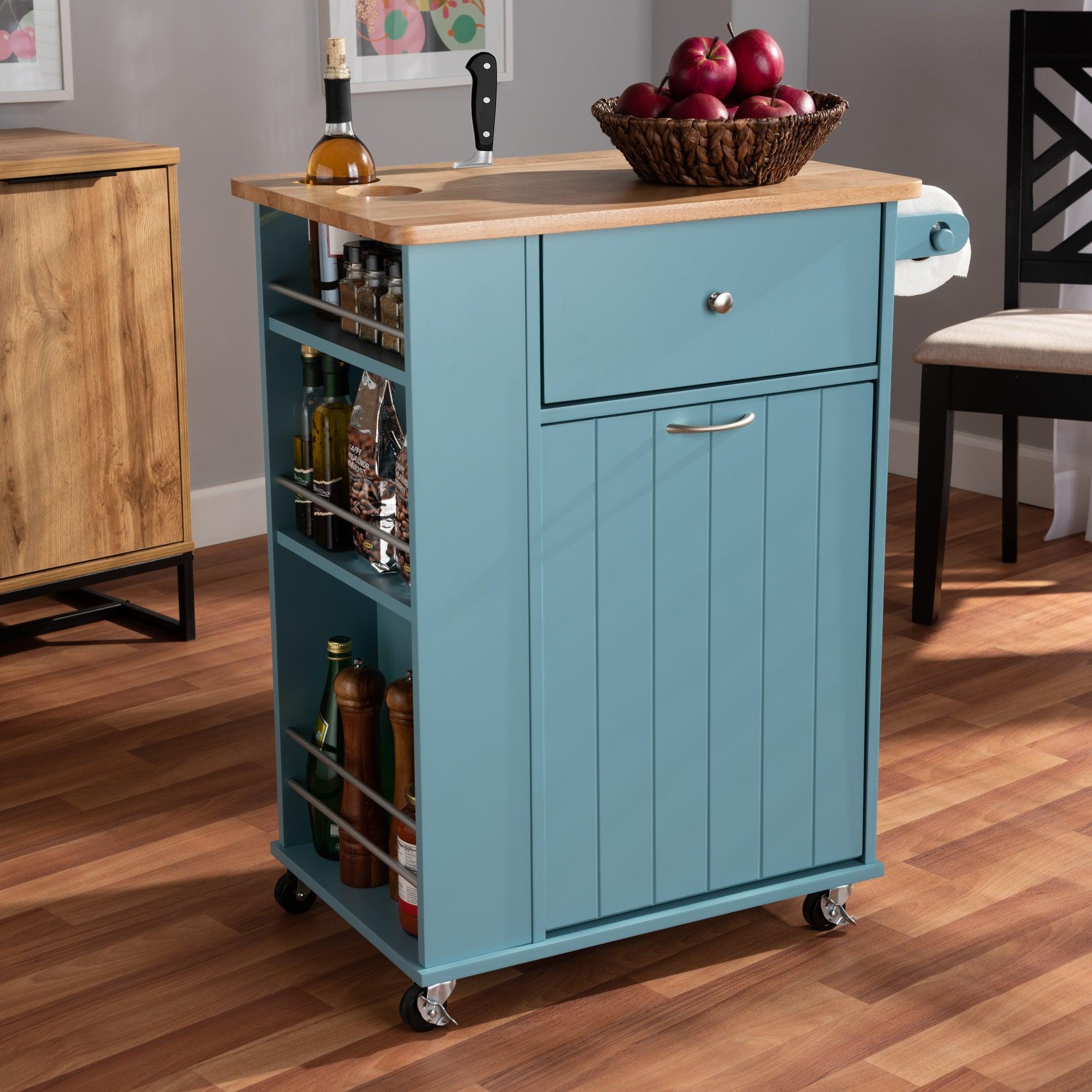 Liona Modern and Contemporary Sky Finished Wood Kitchen Storage Cart