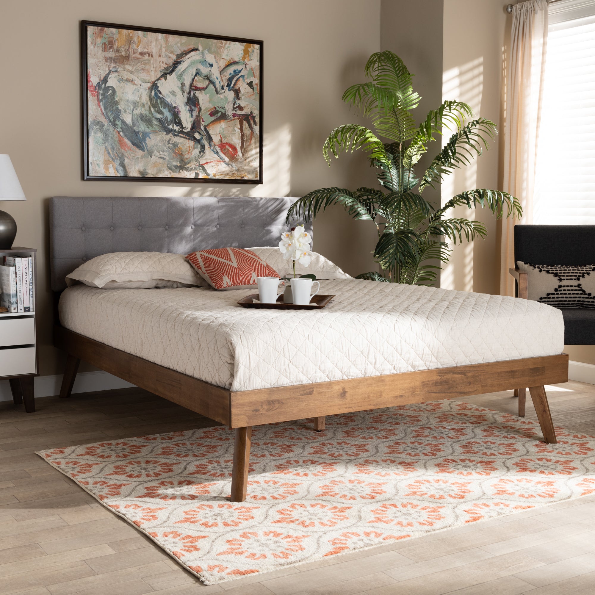 Devan Mid-Century Modern Fabric Upholstered Finished Wood Platform Bed