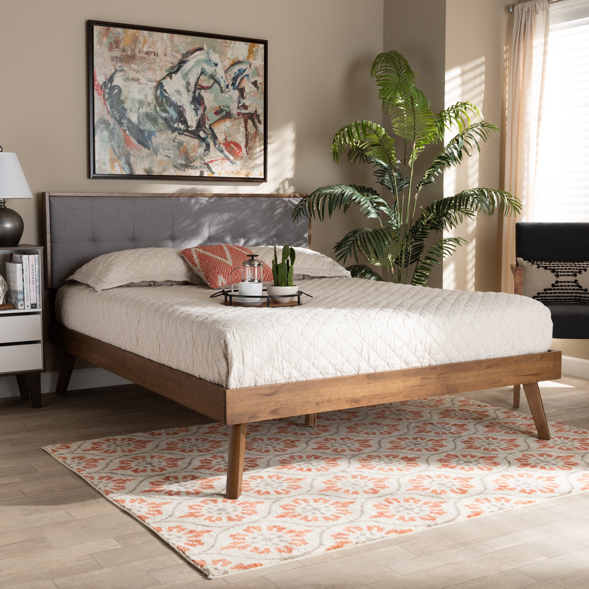 Alke Mid-Century Modern Fabric Upholstered Finished Wood Platform Bed