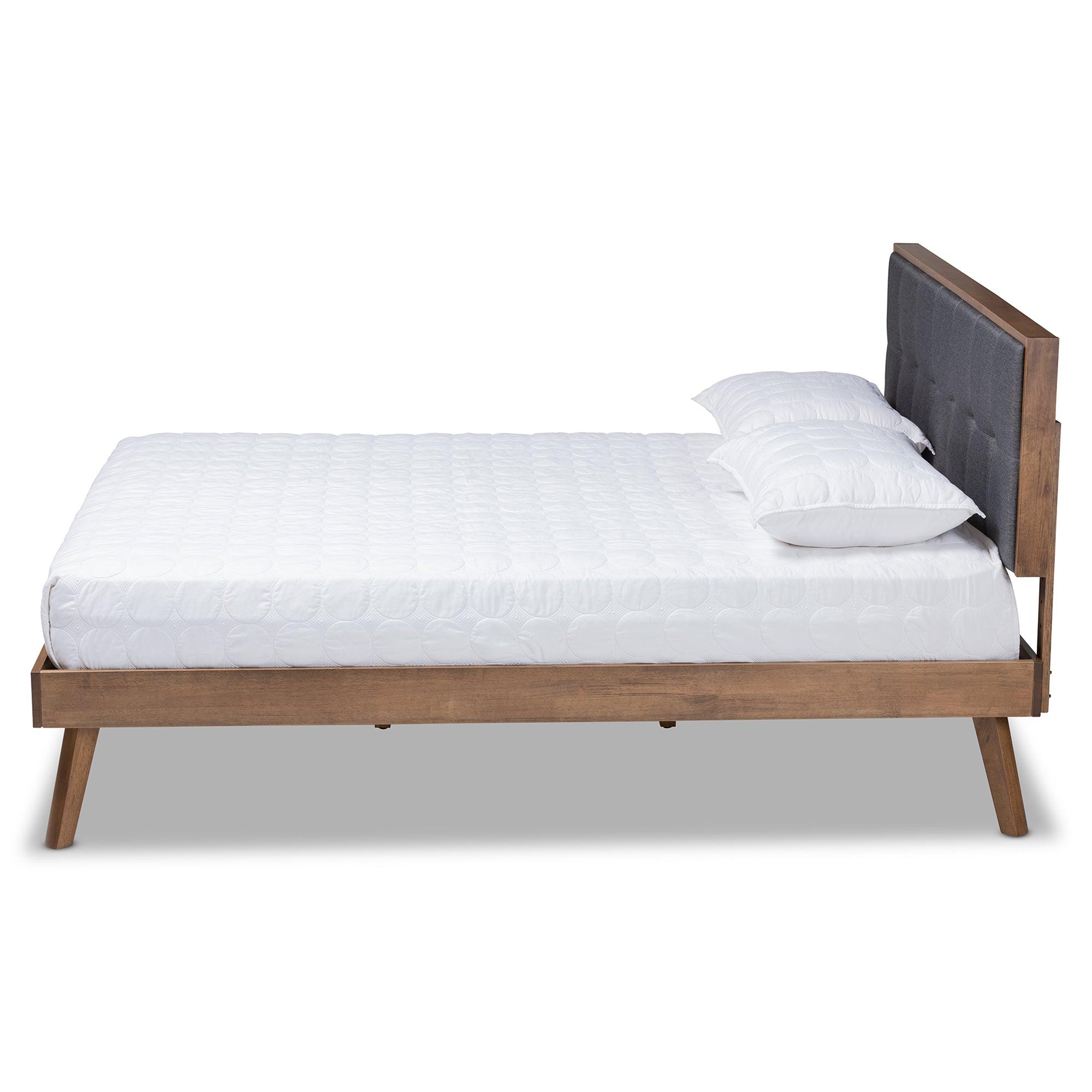 Alke Mid-Century Modern Dark Fabric Upholstered Finished Wood Platform Bed