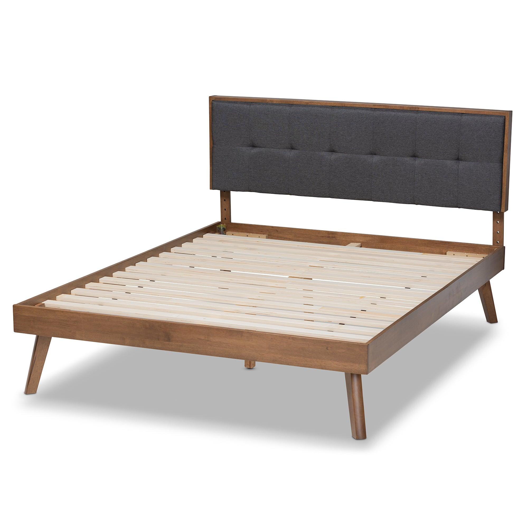 Alke Mid-Century Modern Dark Fabric Upholstered Finished Wood Platform Bed