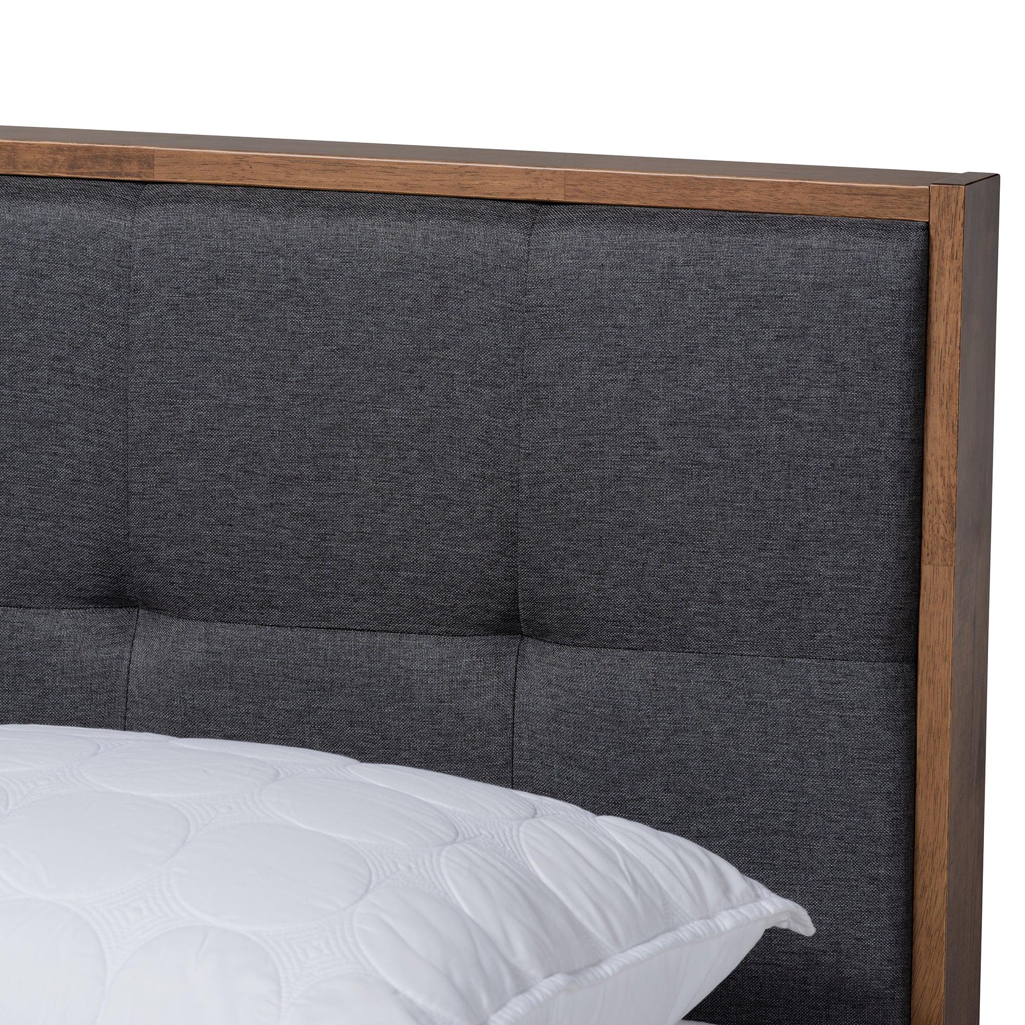 Alke Mid-Century Modern Dark Fabric Upholstered Finished Wood Platform Bed
