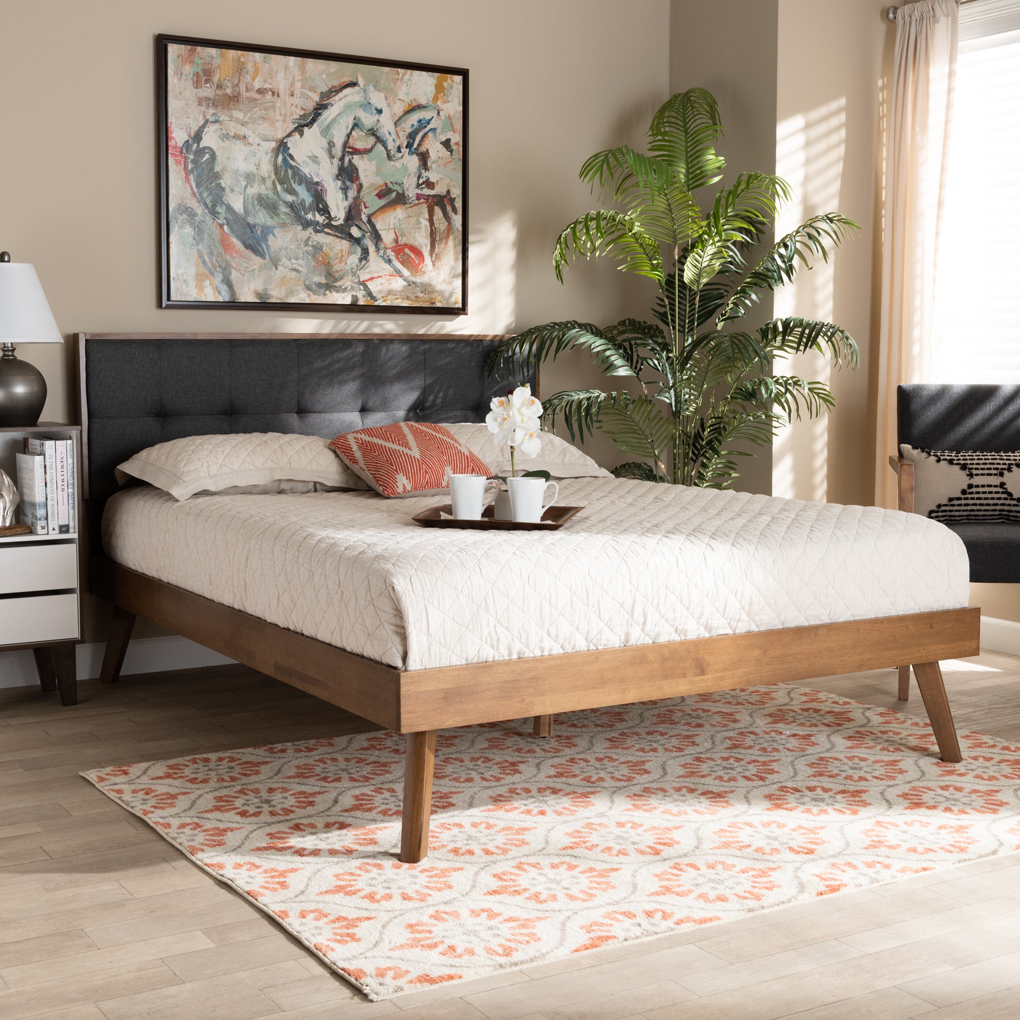 Alke Mid-Century Modern Fabric Upholstered Finished Wood Platform Bed