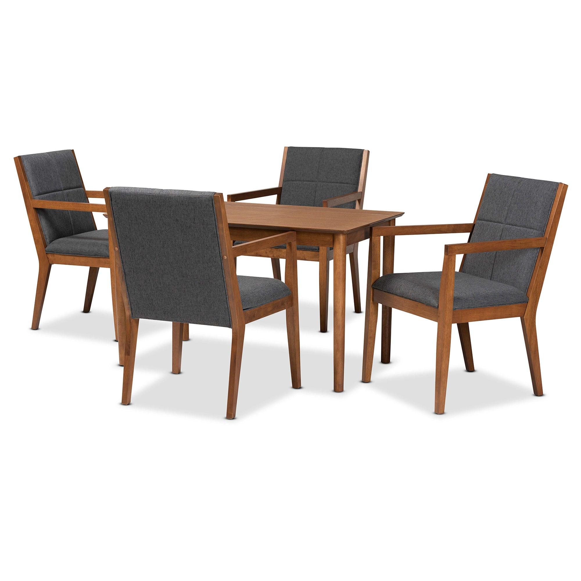 Theresa Mid-Century Modern Dark Fabric Upholstered and Finished Wood 5-Piece Dining Set