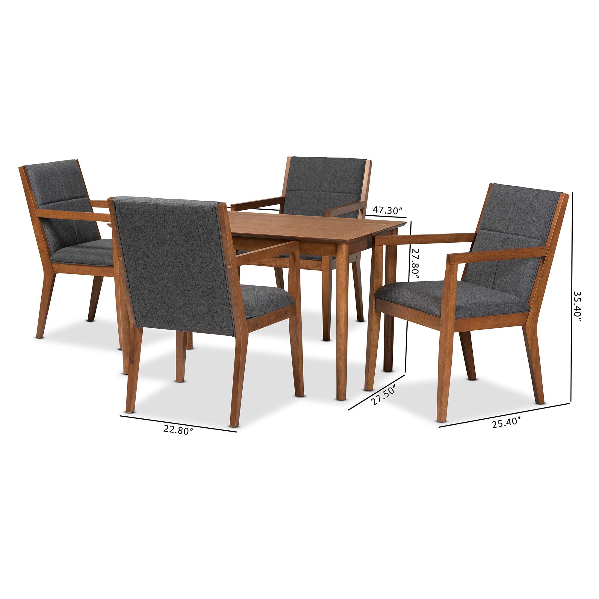 Theresa Mid-Century Modern Dark Fabric Upholstered and Finished Wood 5-Piece Dining Set