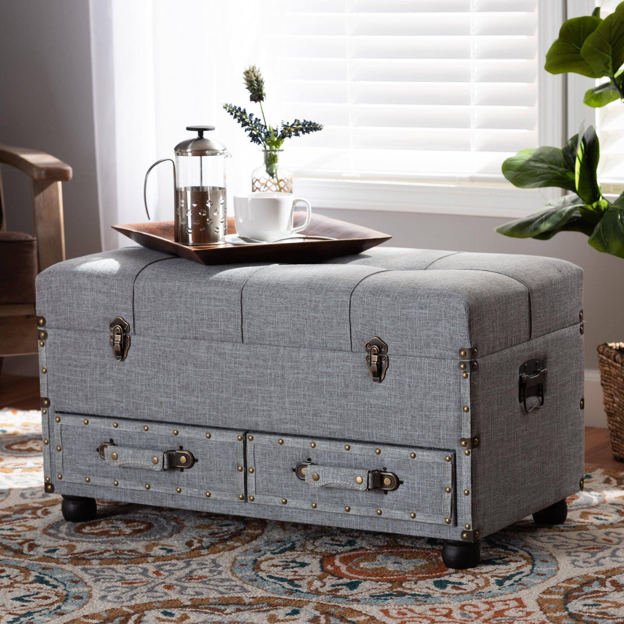 Flynn Modern Transitional Fabric Upholstered 2-Drawer Storage Trunk Ottoman