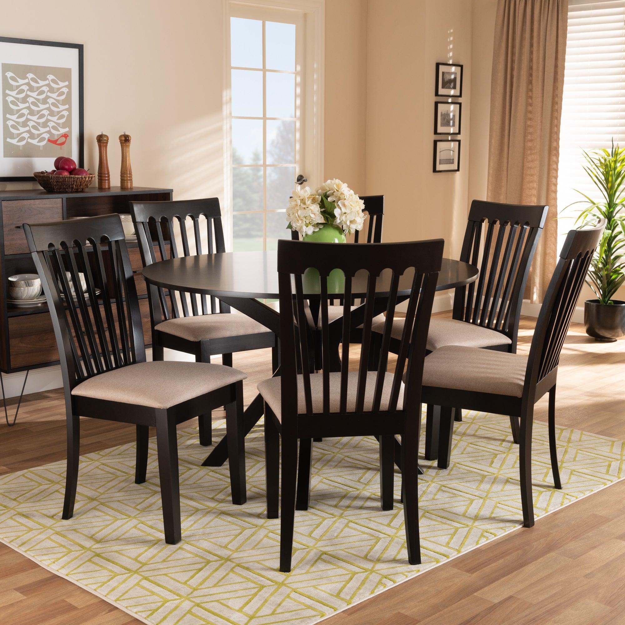 Lore Modern and Contemporary Sand Fabric Upholstered and Finished Wood 7-Piece Dining Set