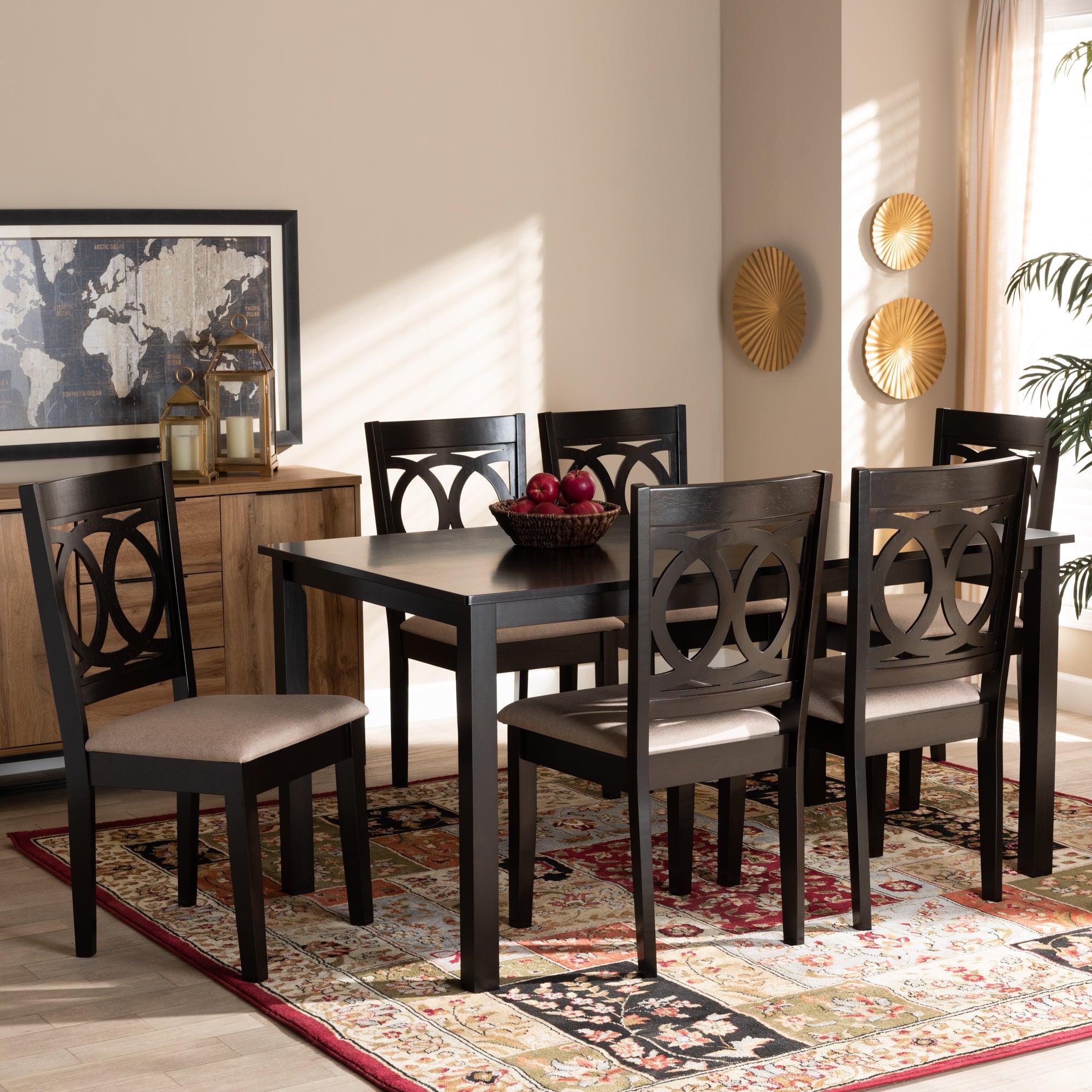 Lenoir Modern and Contemporary Sand Fabric Upholstered Espresso Finished Wood 7-Piece Dining Set